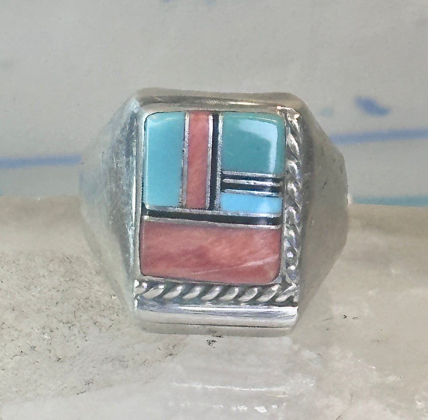 Navajo ring turquoise inlay band size 9 sterling silver women men signed HH
