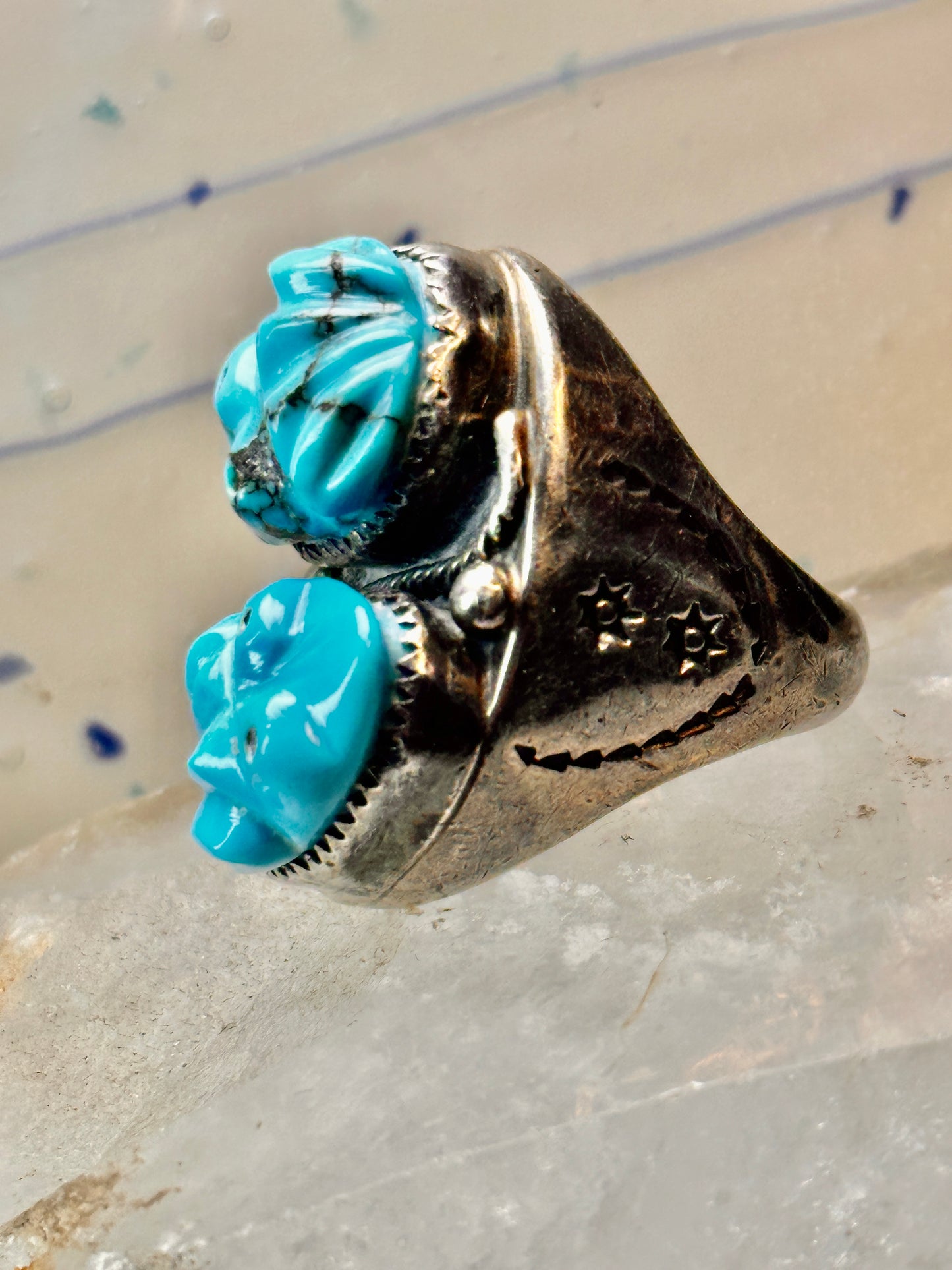 Carved Frog ring Navajo turquoise size 10.50 coin silver women men