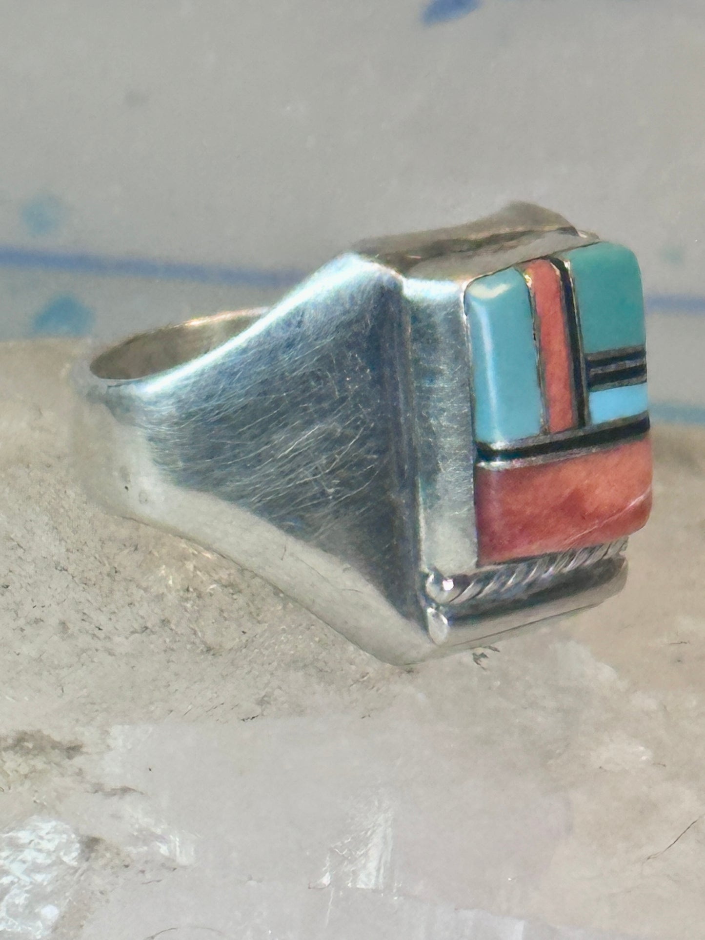 Navajo ring turquoise inlay band size 9 sterling silver women men signed HH