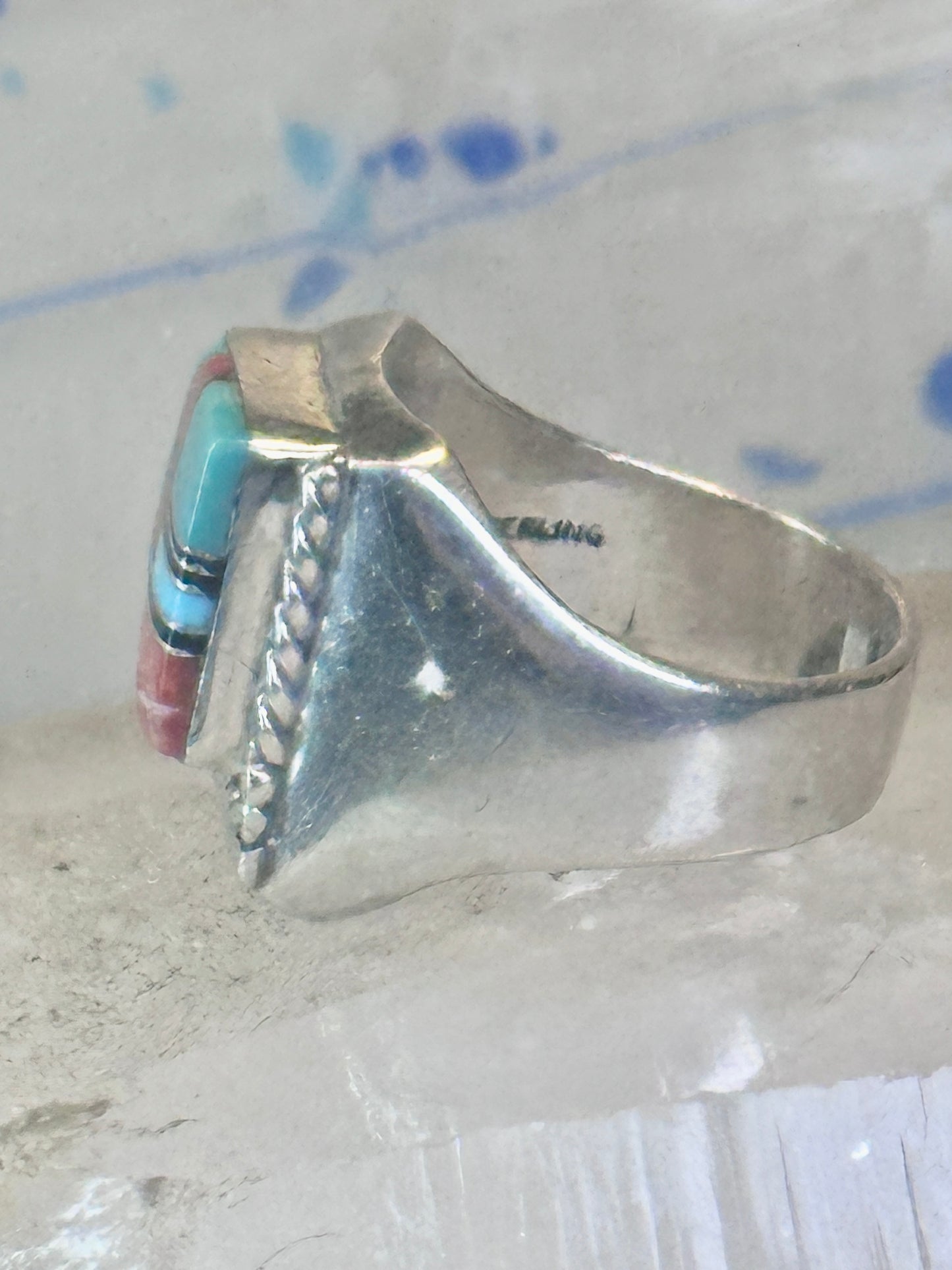 Navajo ring turquoise inlay band size 9 sterling silver women men signed HH