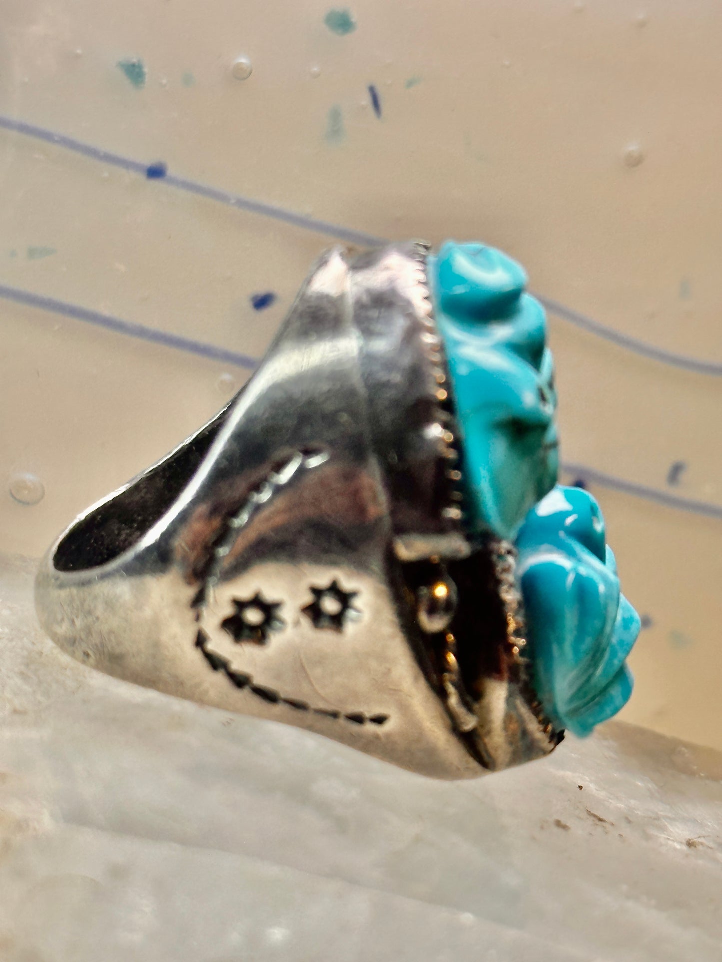 Carved Frog ring Navajo turquoise size 10.50 coin silver women men