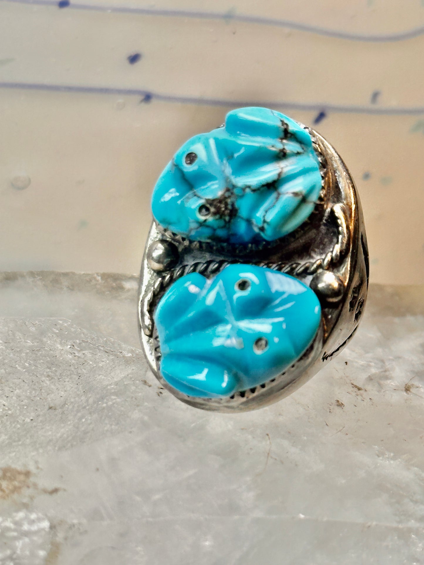 Carved Frog ring Navajo turquoise size 10.50 coin silver women men