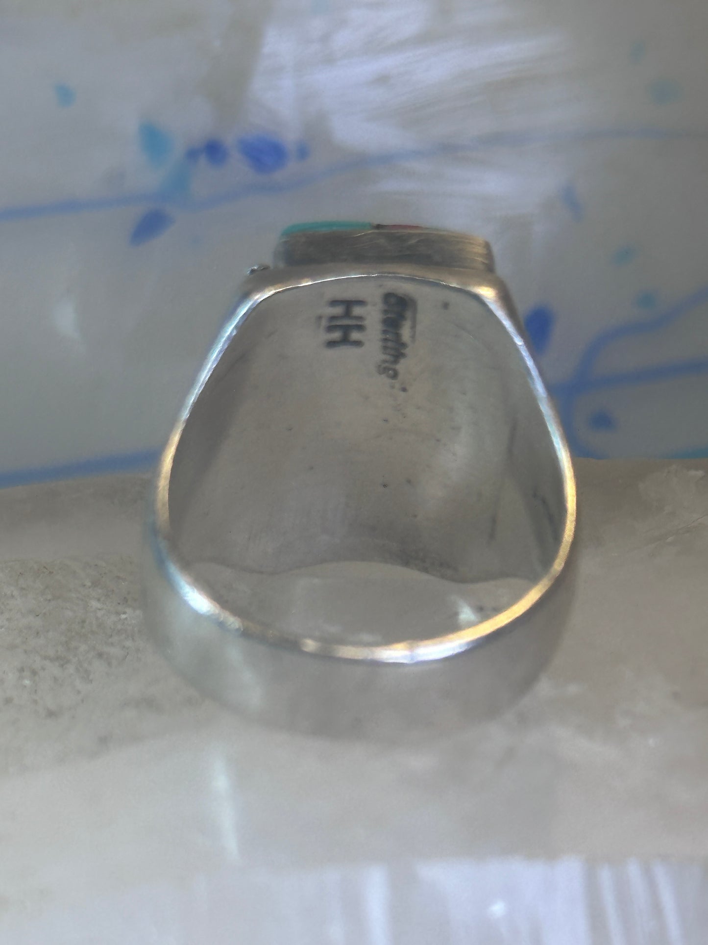 Navajo ring turquoise inlay band size 9 sterling silver women men signed HH