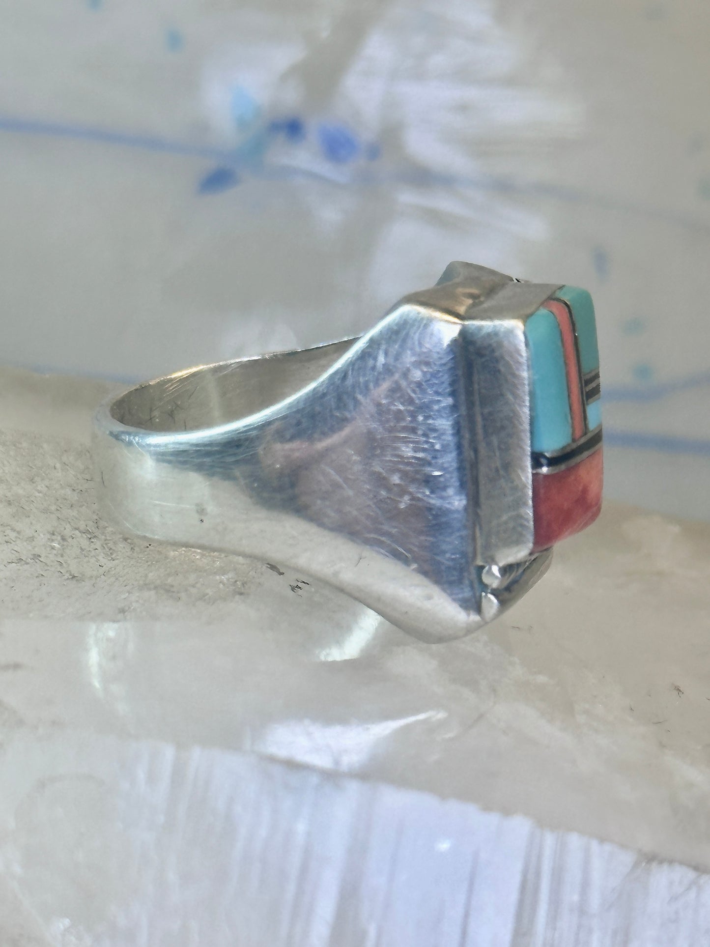Navajo ring turquoise inlay band size 9 sterling silver women men signed HH