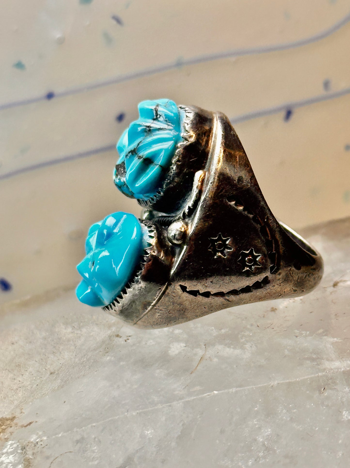 Carved Frog ring Navajo turquoise size 10.50 coin silver women men