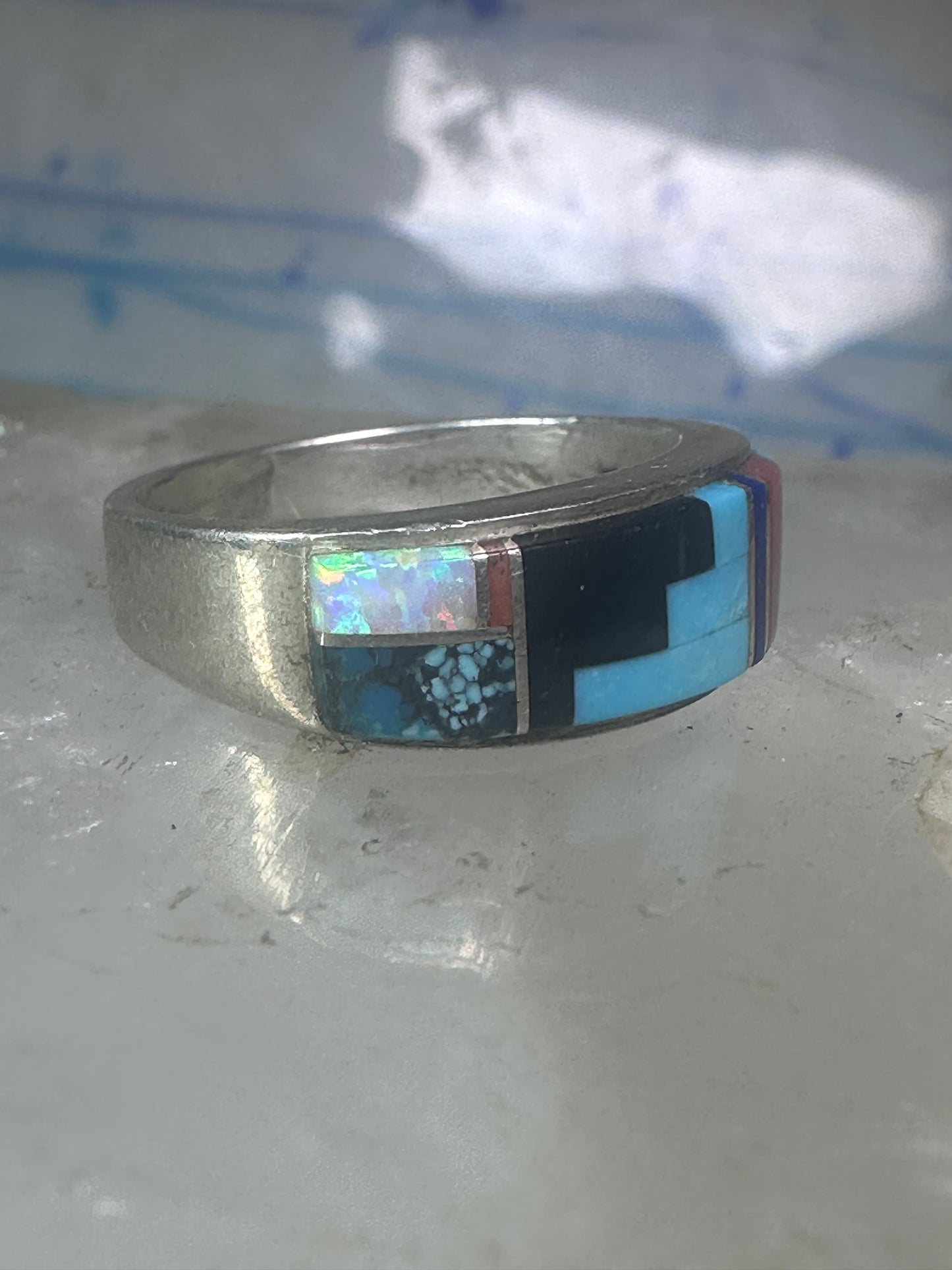Turquoise ring Southwest coral band tribal size 6.75 sterling silver women men