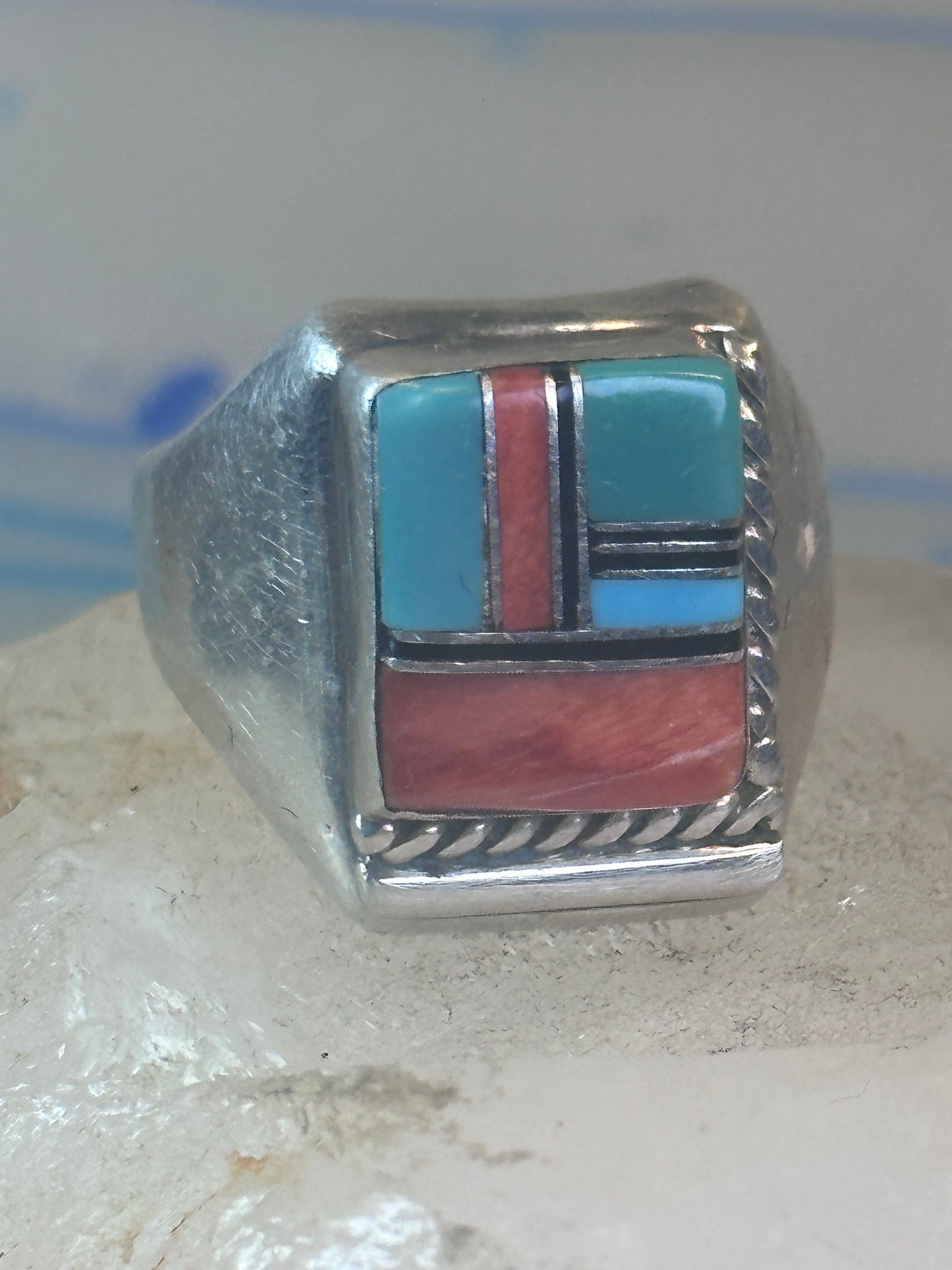Navajo ring turquoise inlay band size 9 sterling silver women men signed HH