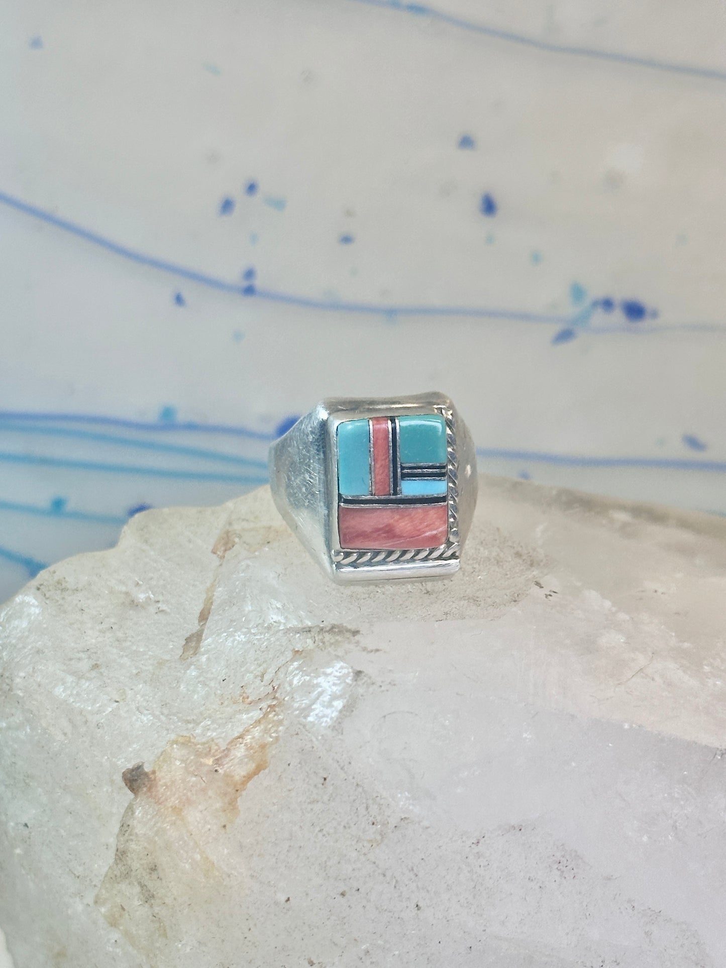 Navajo ring turquoise inlay band size 9 sterling silver women men signed HH
