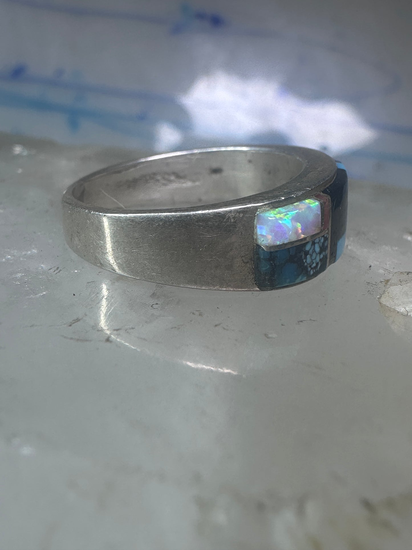 Turquoise ring Southwest coral band tribal size 6.75 sterling silver women men