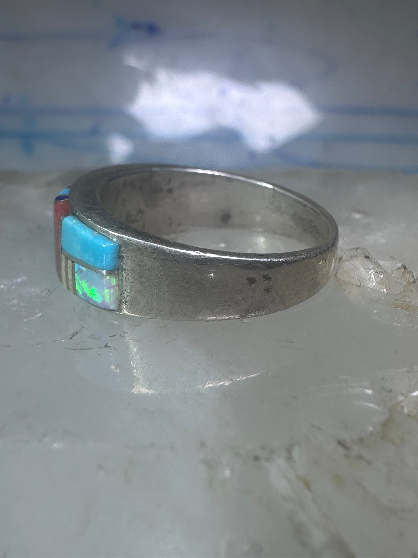 Turquoise ring Southwest coral band tribal size 6.75 sterling silver women men