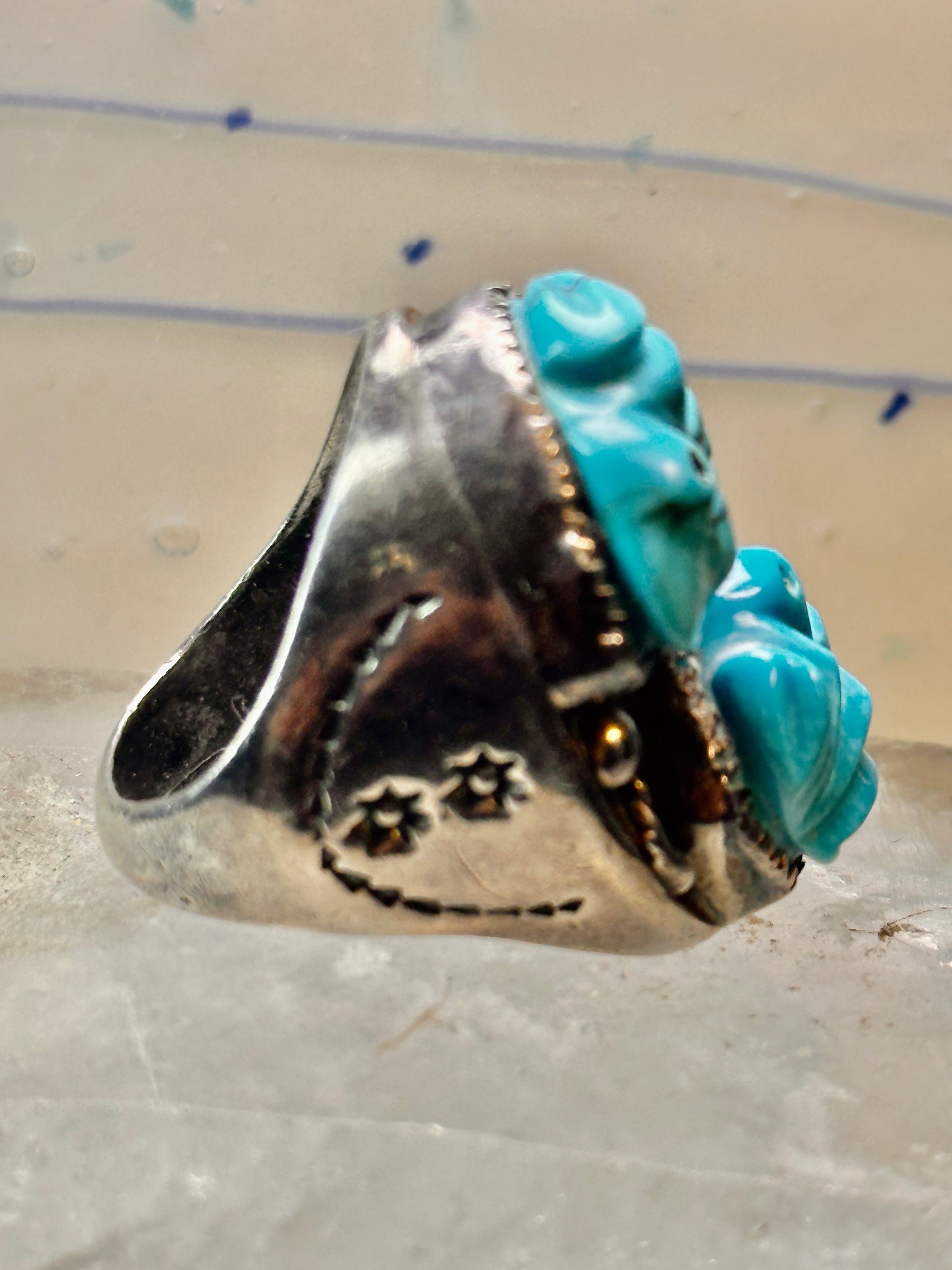 Carved Frog ring Navajo turquoise size 10.50 coin silver women men