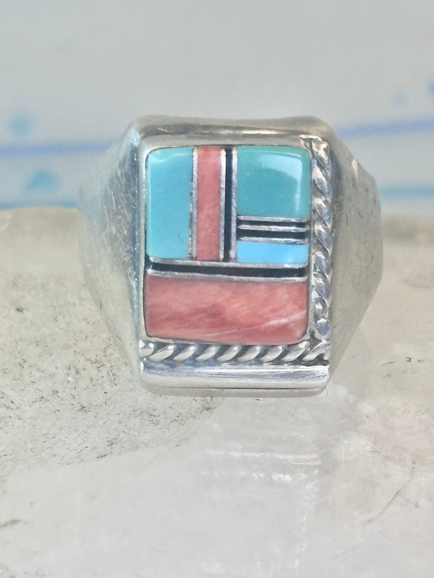 Navajo ring turquoise inlay band size 9 sterling silver women men signed HH