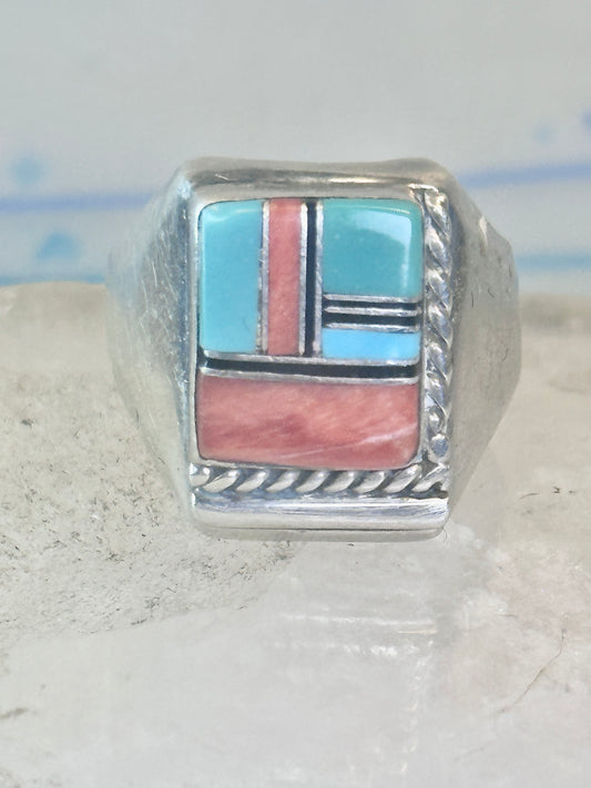 Navajo ring turquoise inlay band size 9 sterling silver women men signed HH