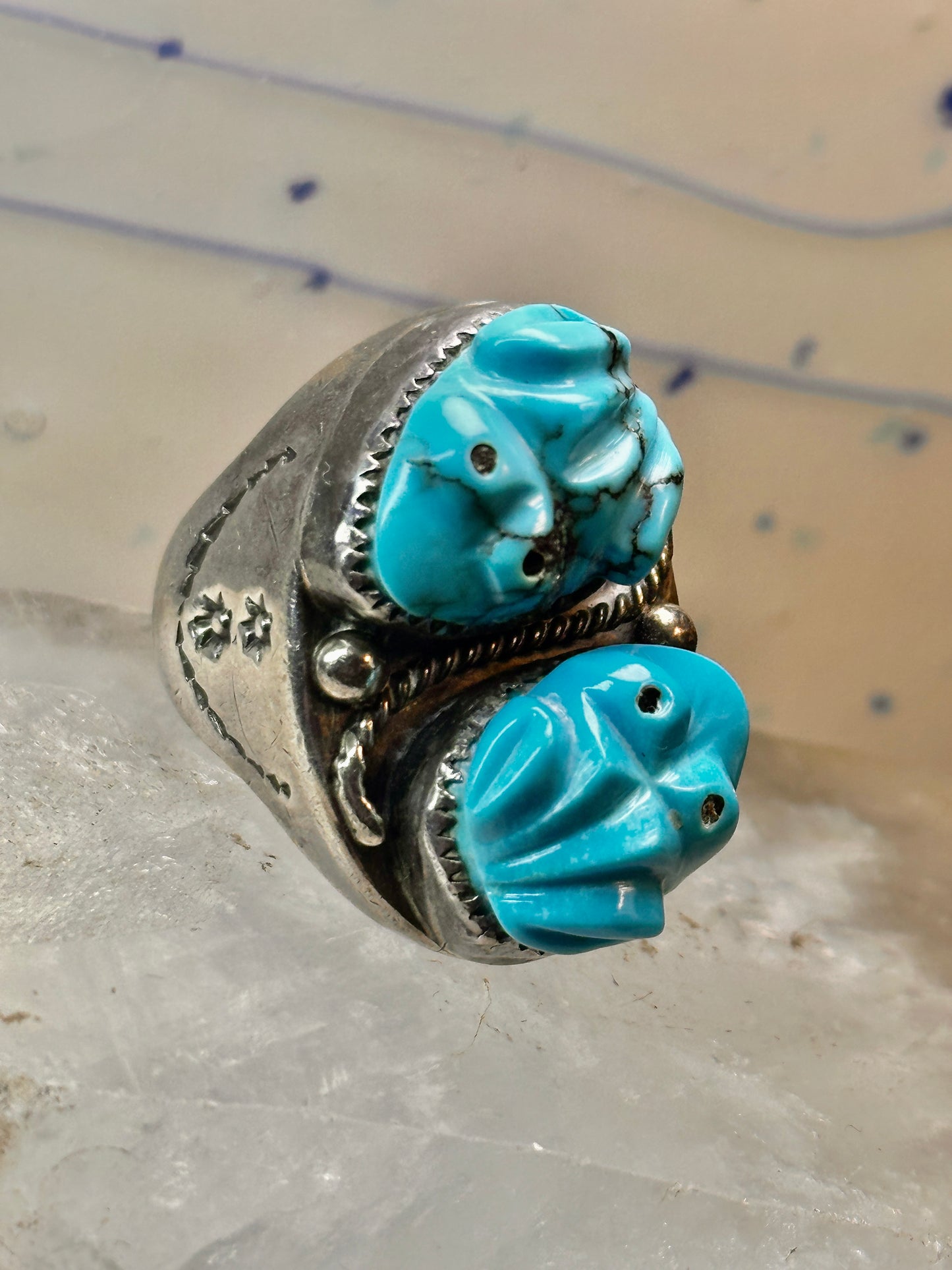 Carved Frog ring Navajo turquoise size 10.50 coin silver women men