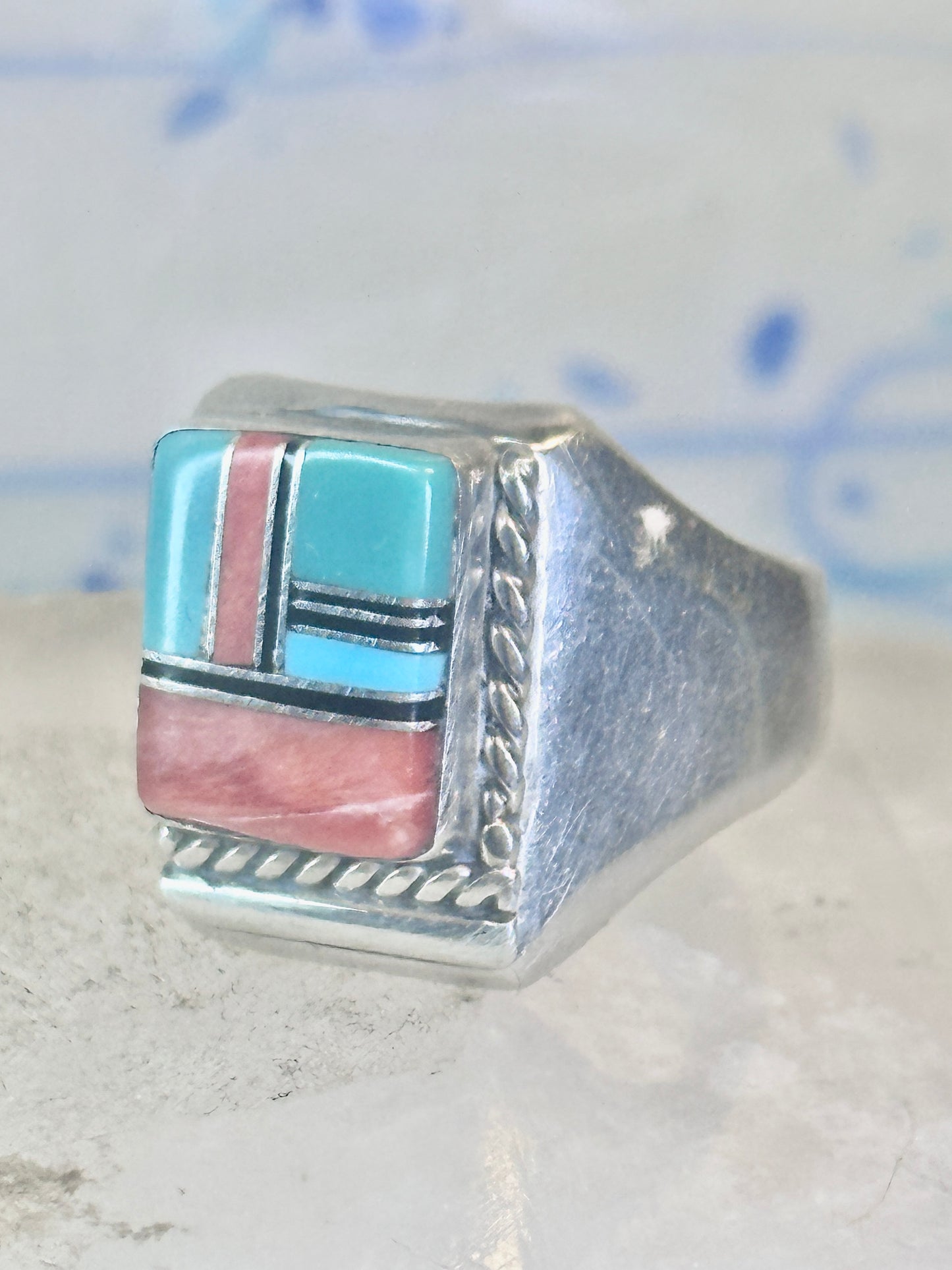 Navajo ring turquoise inlay band size 9 sterling silver women men signed HH