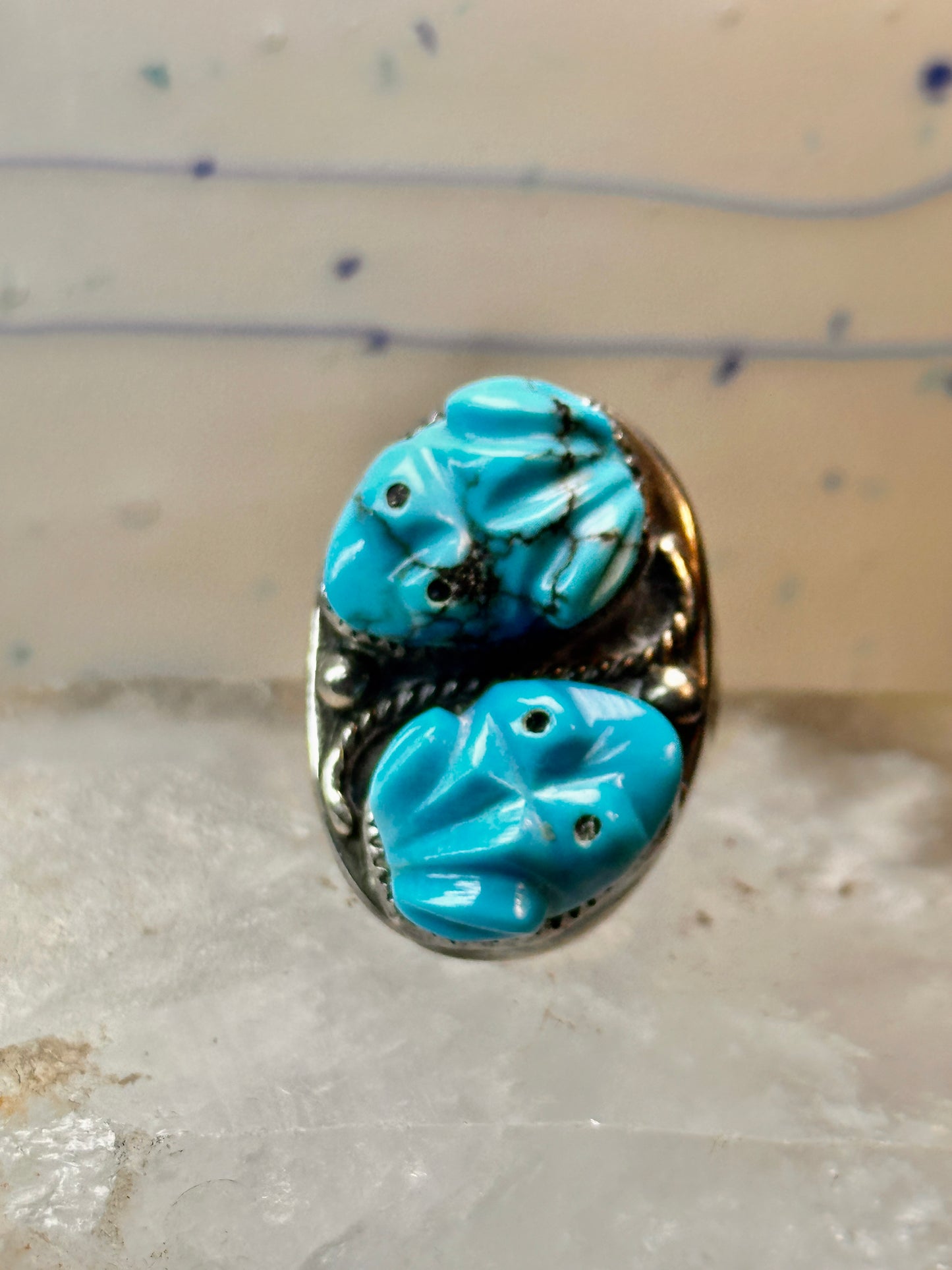 Carved Frog ring Navajo turquoise size 10.50 coin silver women men