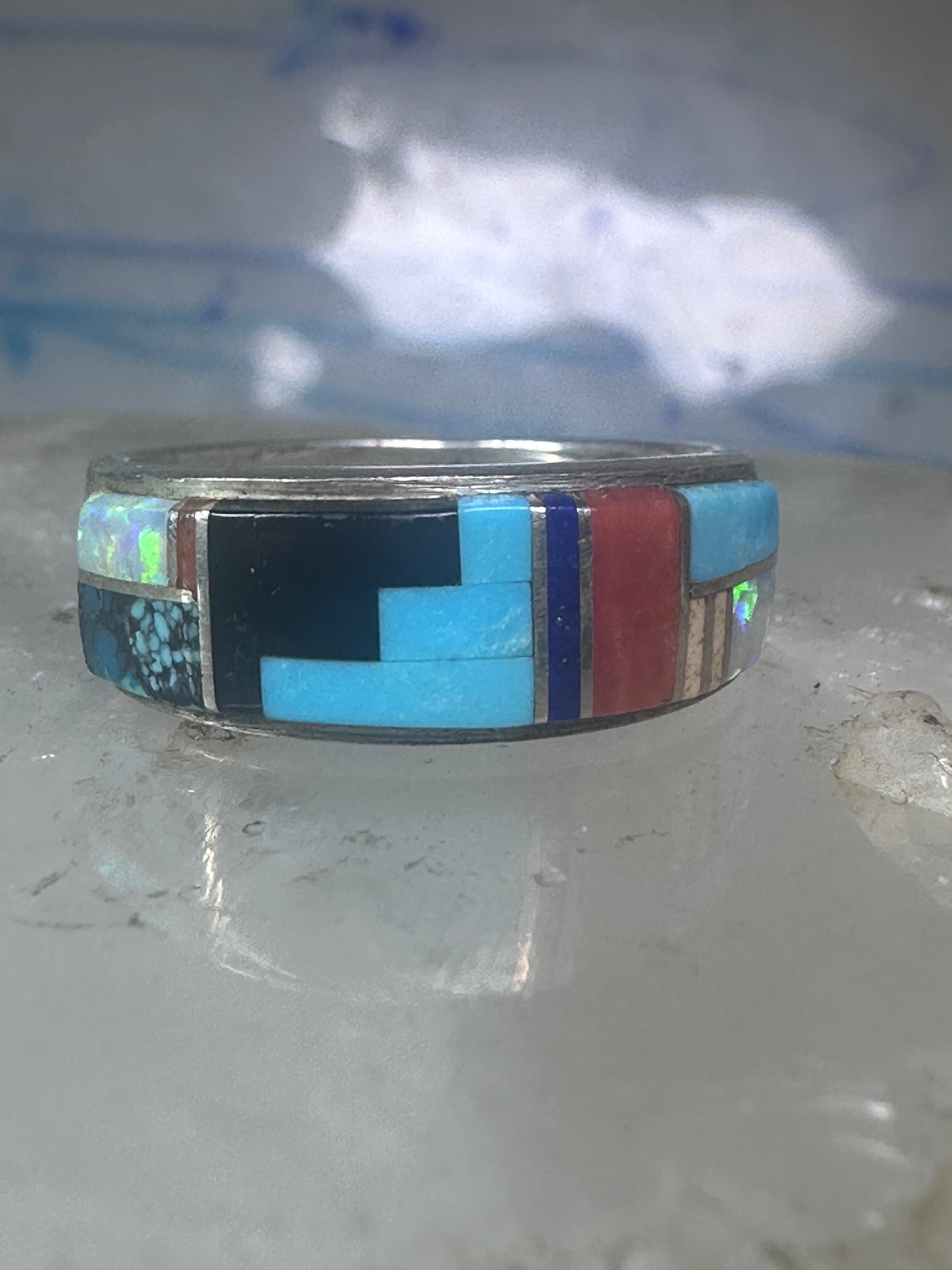 Turquoise ring Southwest coral band tribal size 6.75 sterling silver women men