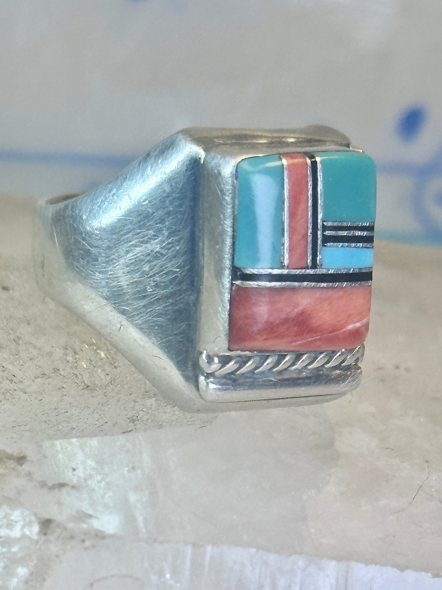 Navajo ring turquoise inlay band size 9 sterling silver women men signed HH