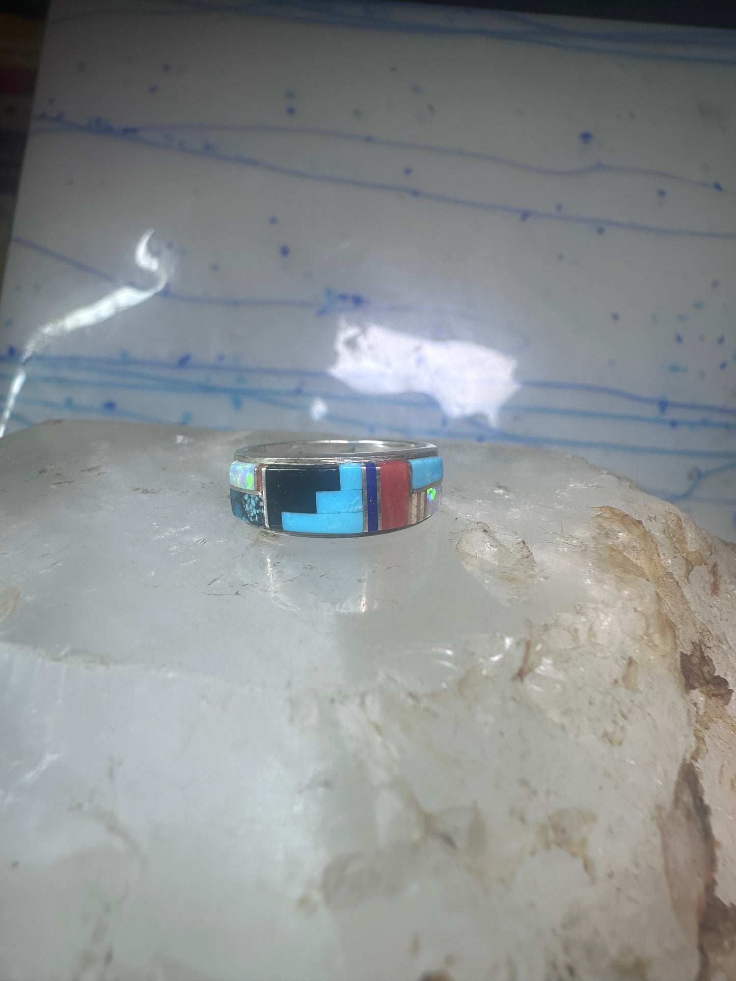 Turquoise ring Southwest coral band tribal size 6.75 sterling silver women men