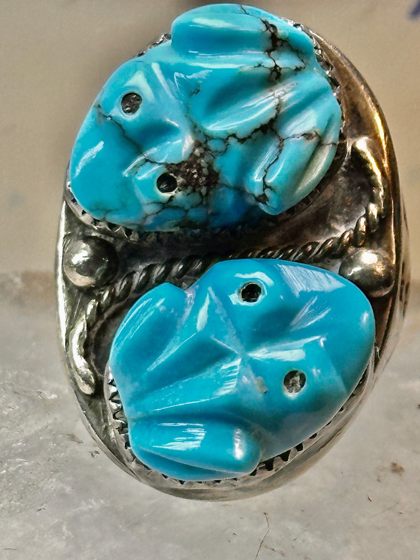 Carved Frog ring Navajo turquoise size 10.50 coin silver women men