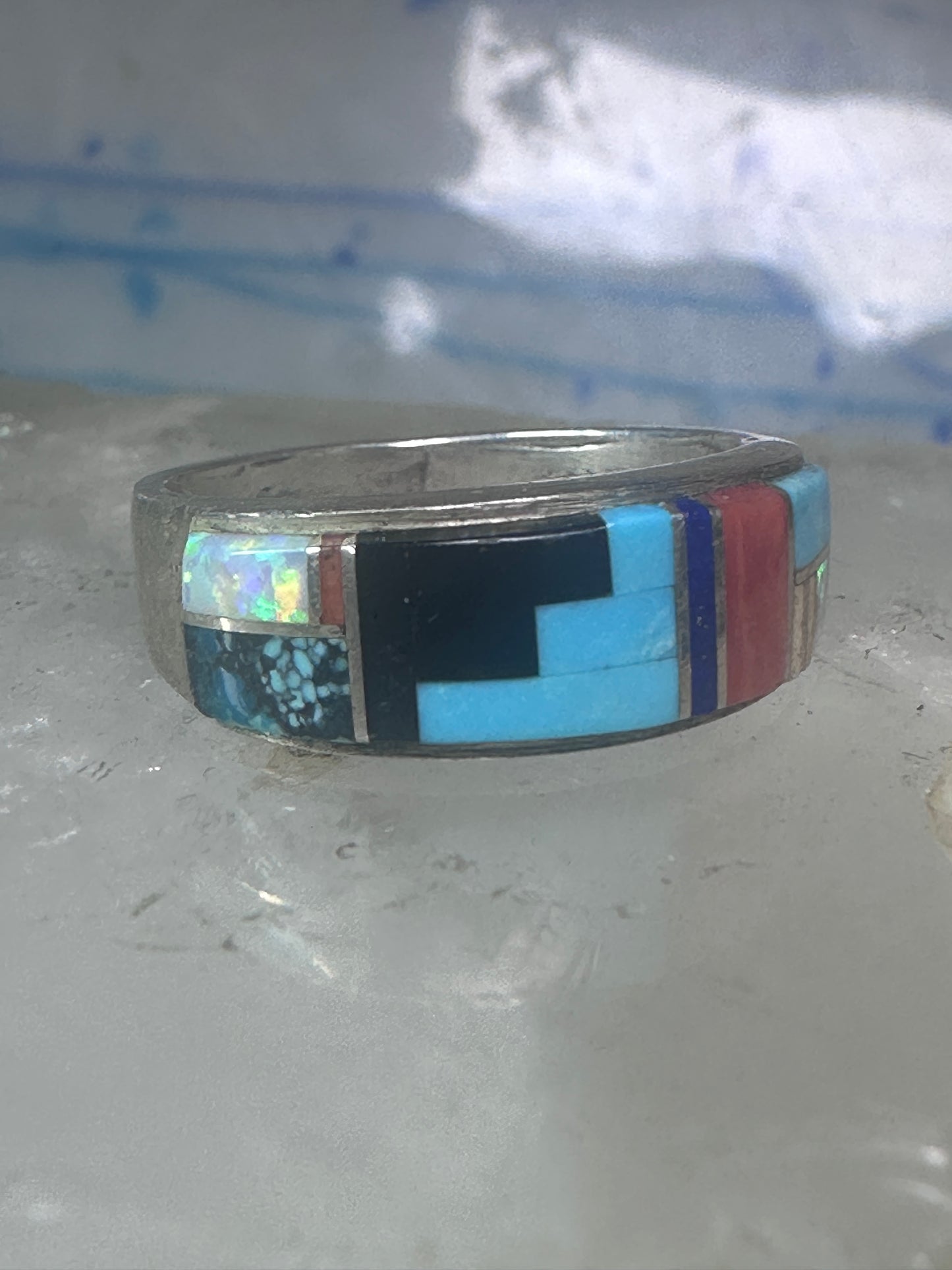 Turquoise ring Southwest coral band tribal size 6.75 sterling silver women men