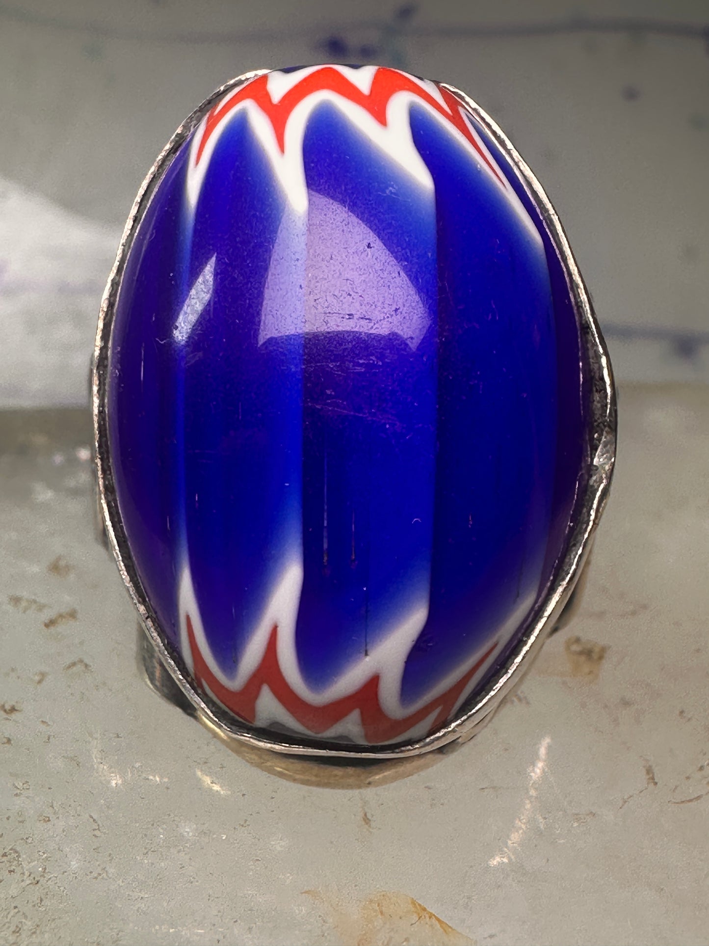 African trade bead ring size 7.75 Gye Nyame  sterling silver women