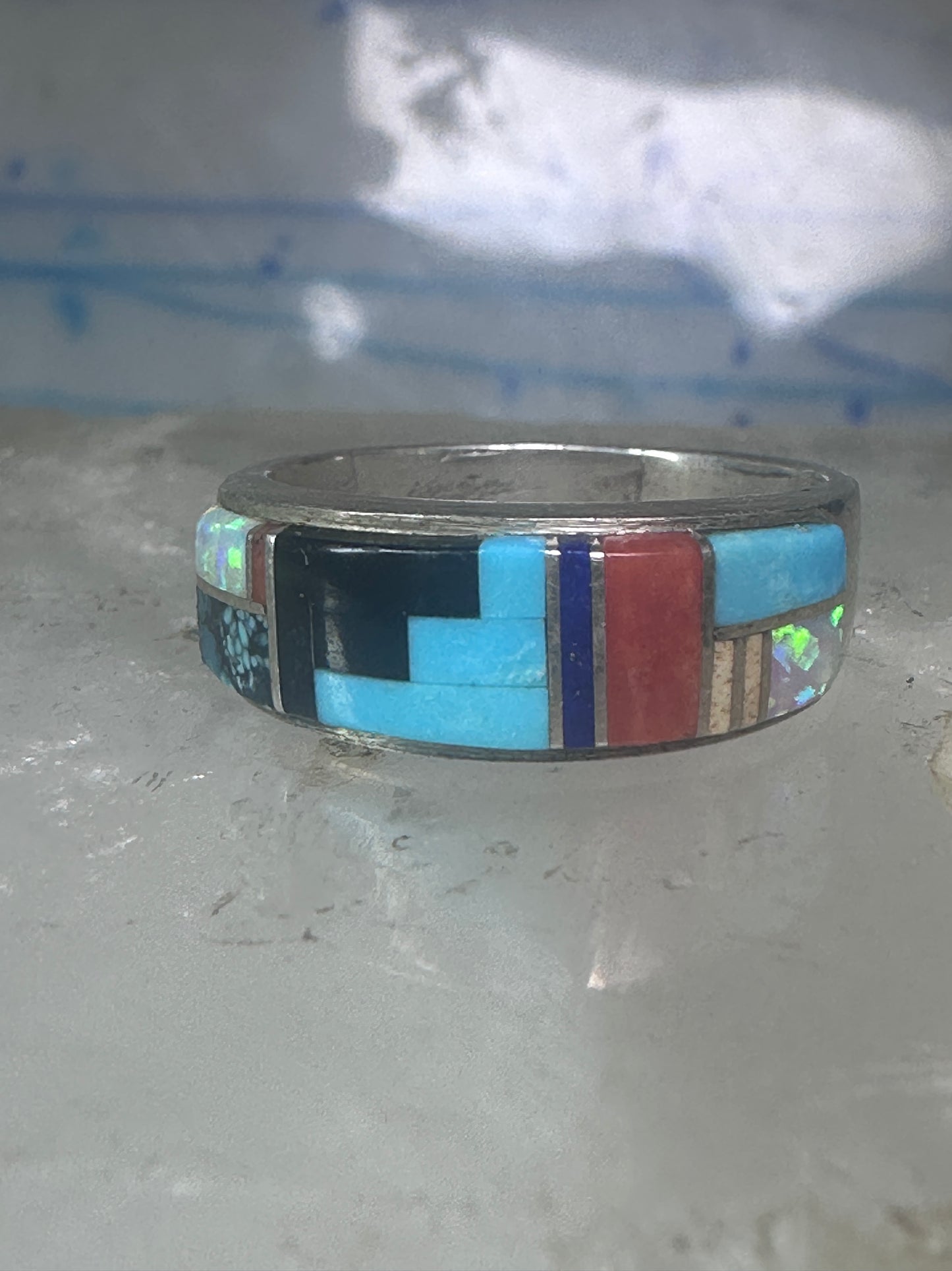 Turquoise ring Southwest coral band tribal size 6.75 sterling silver women men