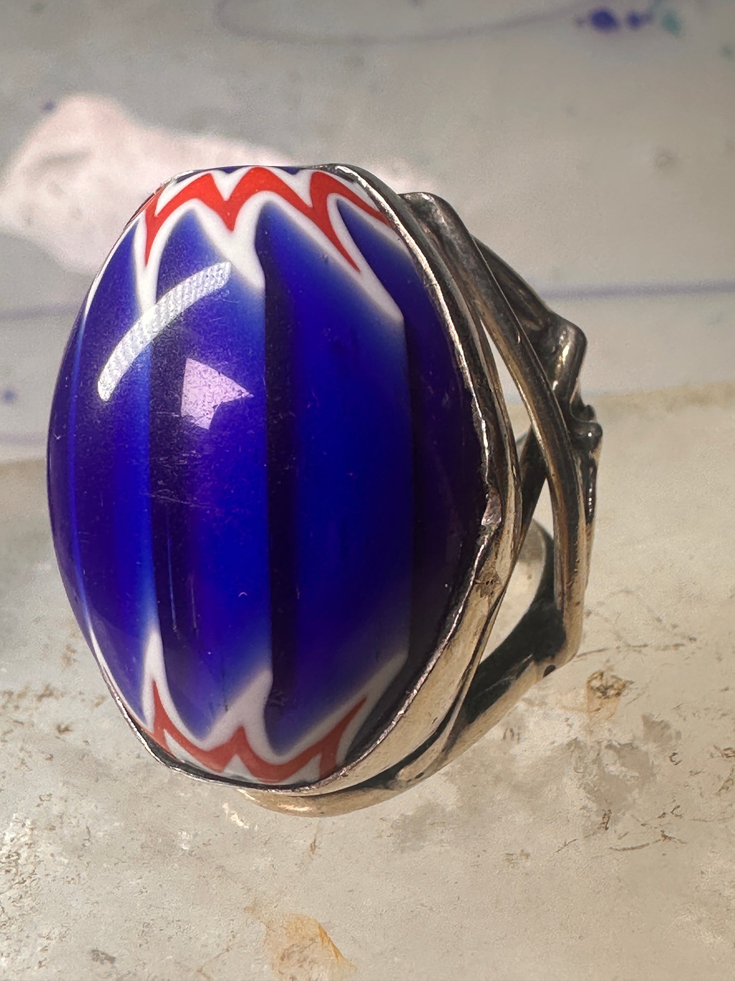 African trade bead ring size 7.75 Gye Nyame  sterling silver women