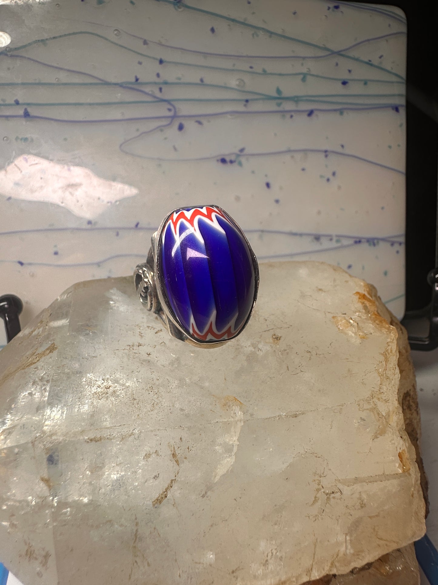 African trade bead ring size 7.75 Gye Nyame  sterling silver women