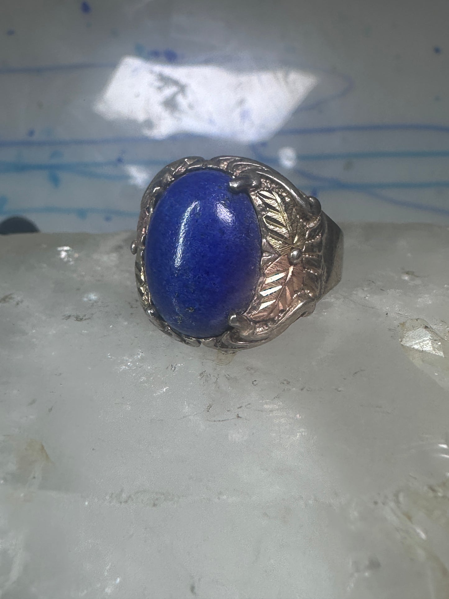 Black Hills Gold ring blue lapis leaves band size 7 sterling silver women men