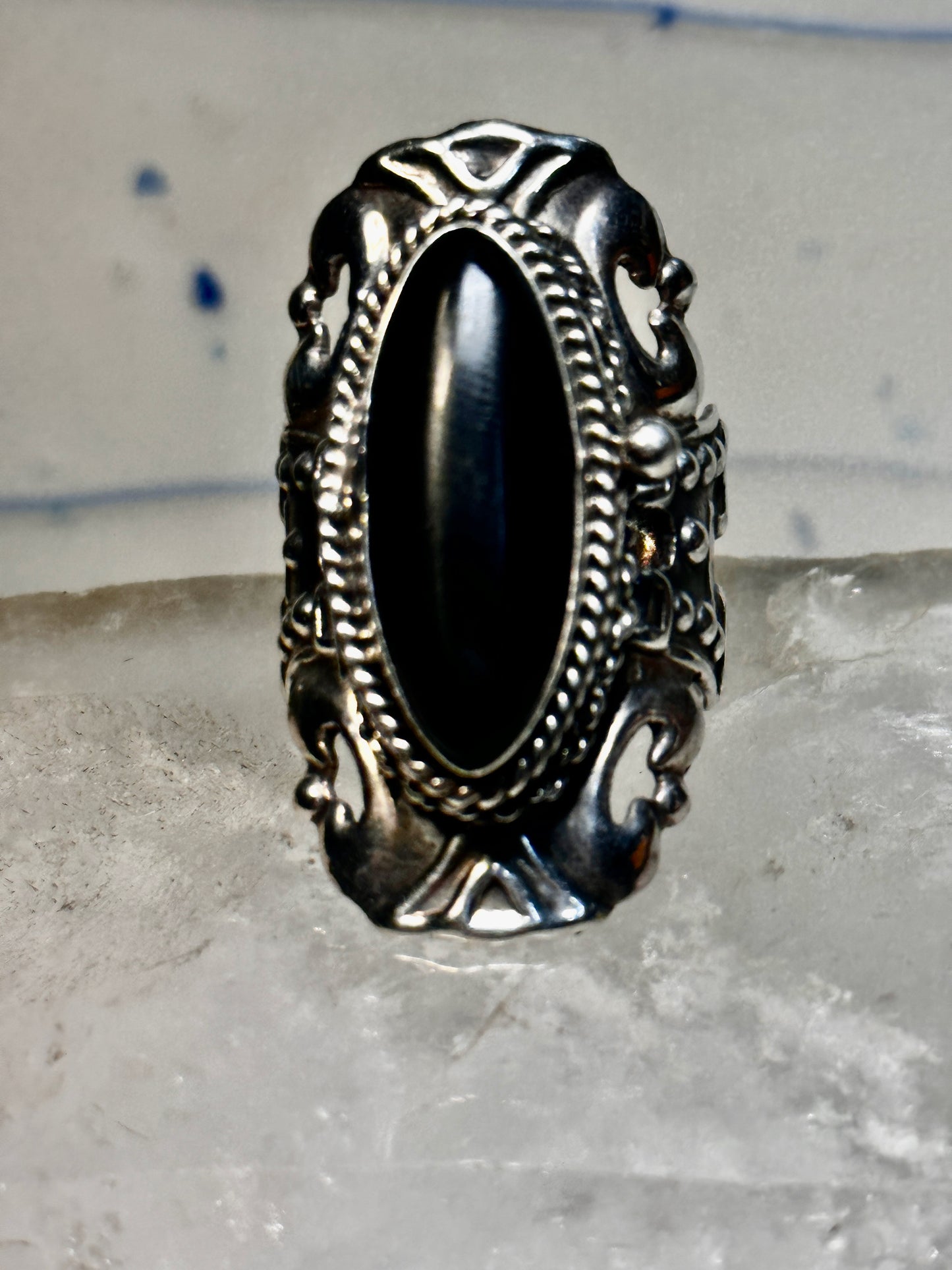 Poison ring Long Onyx Mexico  sterling silver size 9  women