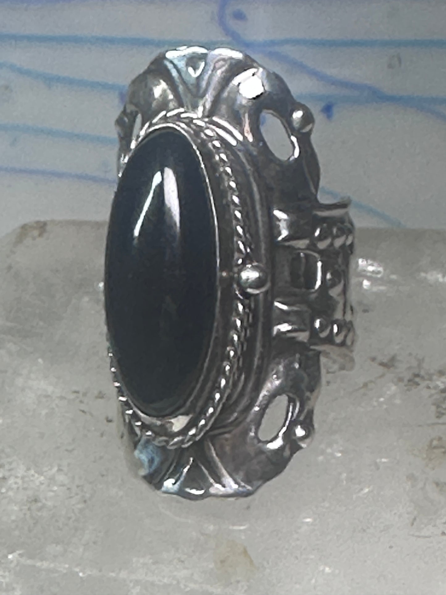 Onyx poison ring long Taxco Mexican adj size 9 sterling silver women