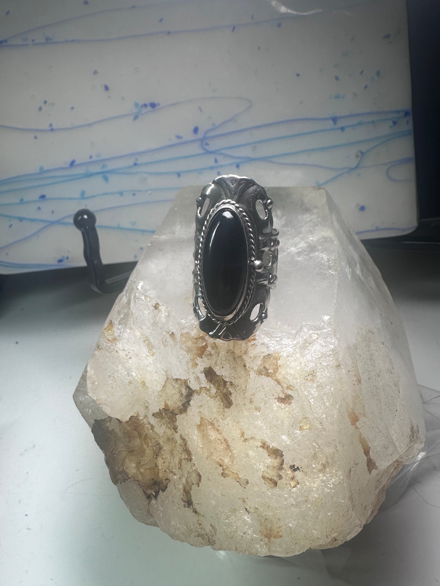 Onyx poison ring long Taxco Mexican adj size 9 sterling silver women
