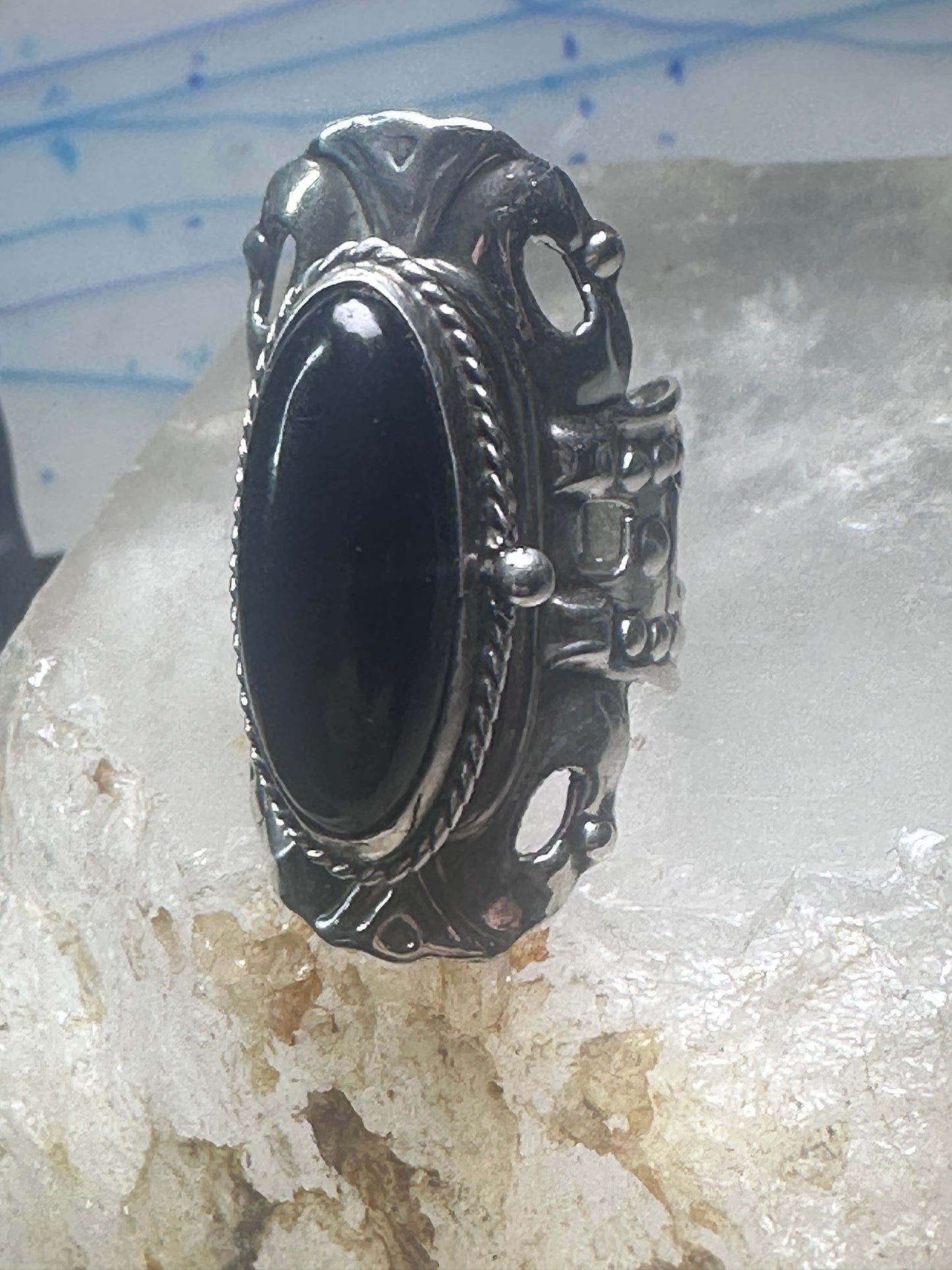 Onyx poison ring long Taxco Mexican adj size 9 sterling silver women