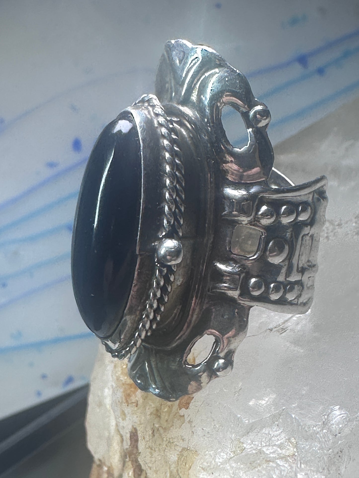 Onyx poison ring long Taxco Mexican adj size 9 sterling silver women