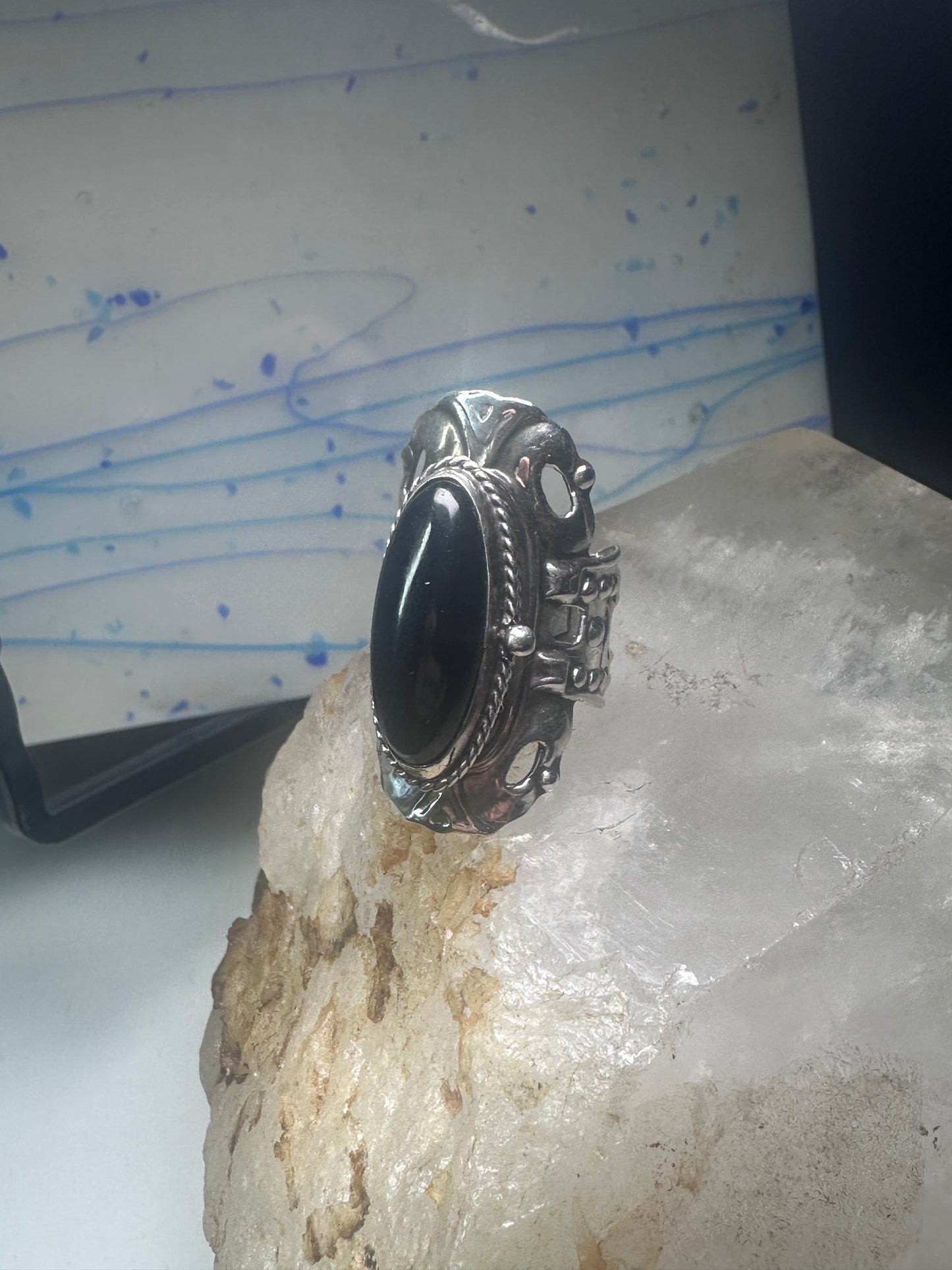 Onyx poison ring long Taxco Mexican adj size 9 sterling silver women