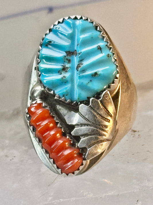 Navajo ring carved leaves heavy turquoise coral size 11 sterling silver women men