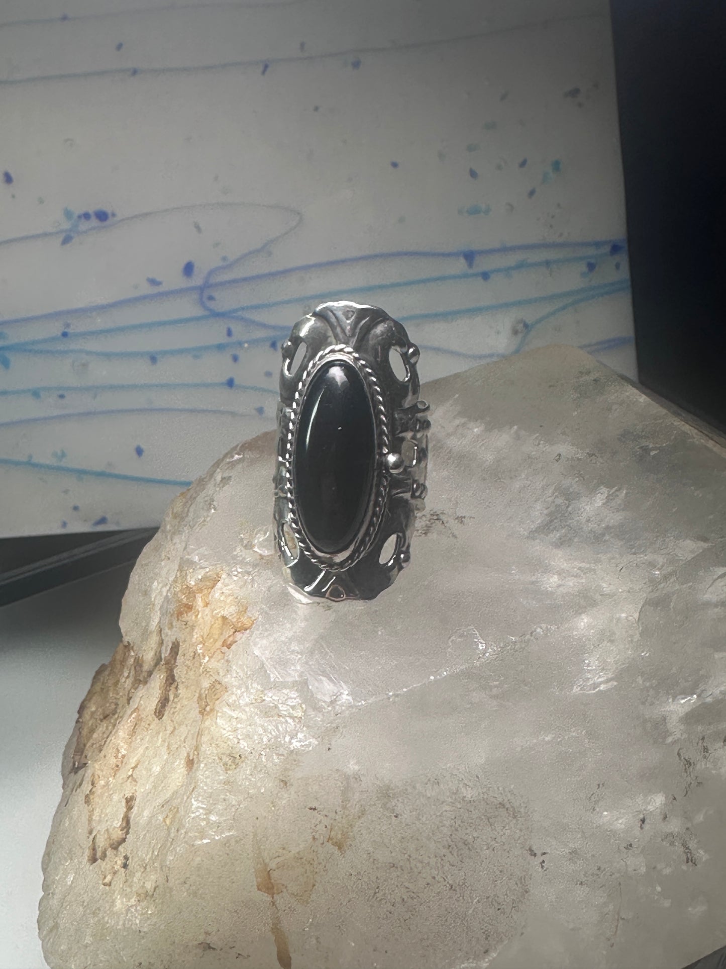 Onyx poison ring long Taxco Mexican adj size 9 sterling silver women