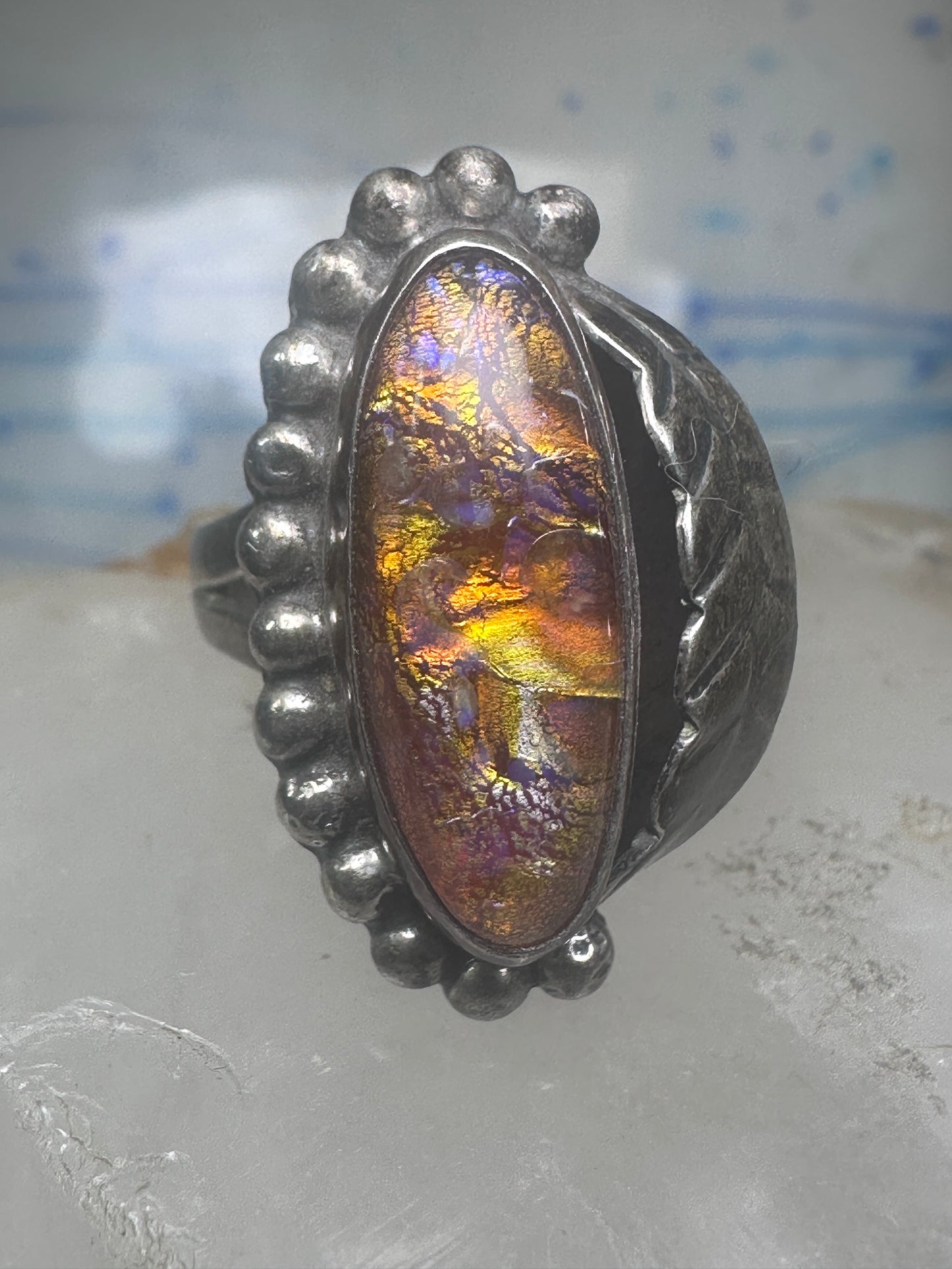 Lab opal ? Navajo leaf feather size 8 sterling silver women