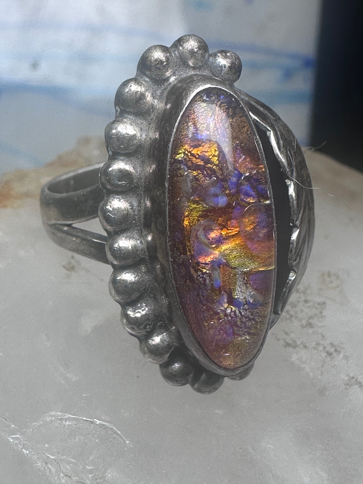 Lab opal ? Navajo leaf feather size 8 sterling silver women