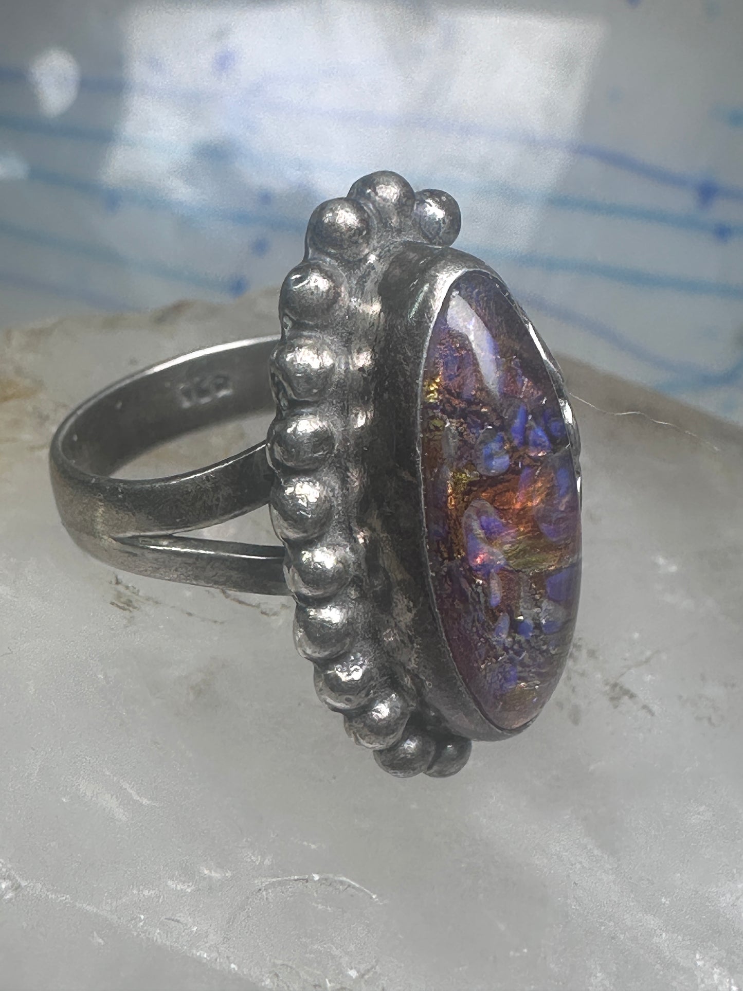 Lab opal ? Navajo leaf feather size 8 sterling silver women