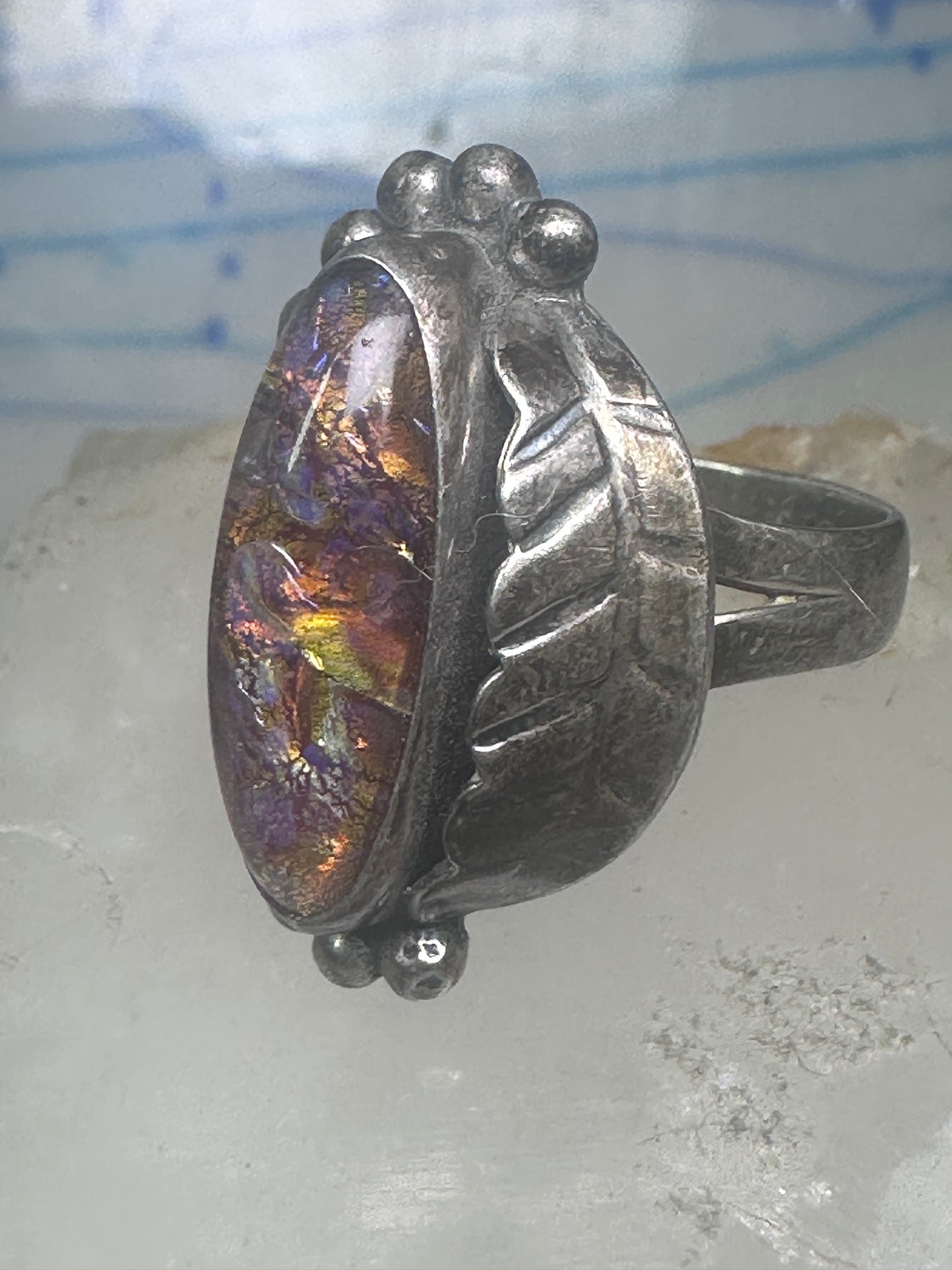 Lab opal ? Navajo leaf feather size 8 sterling silver women