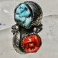 Turquoise ring coral rose Navajo leaves size 6.75 sterling silver women