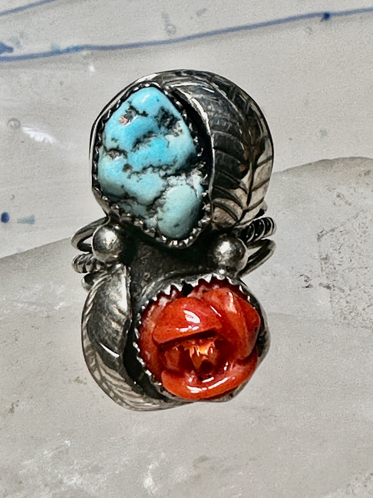 Turquoise ring coral rose Navajo leaves size 6.75 sterling silver women