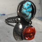 Turquoise ring coral rose Navajo leaves size 6.75 sterling silver women