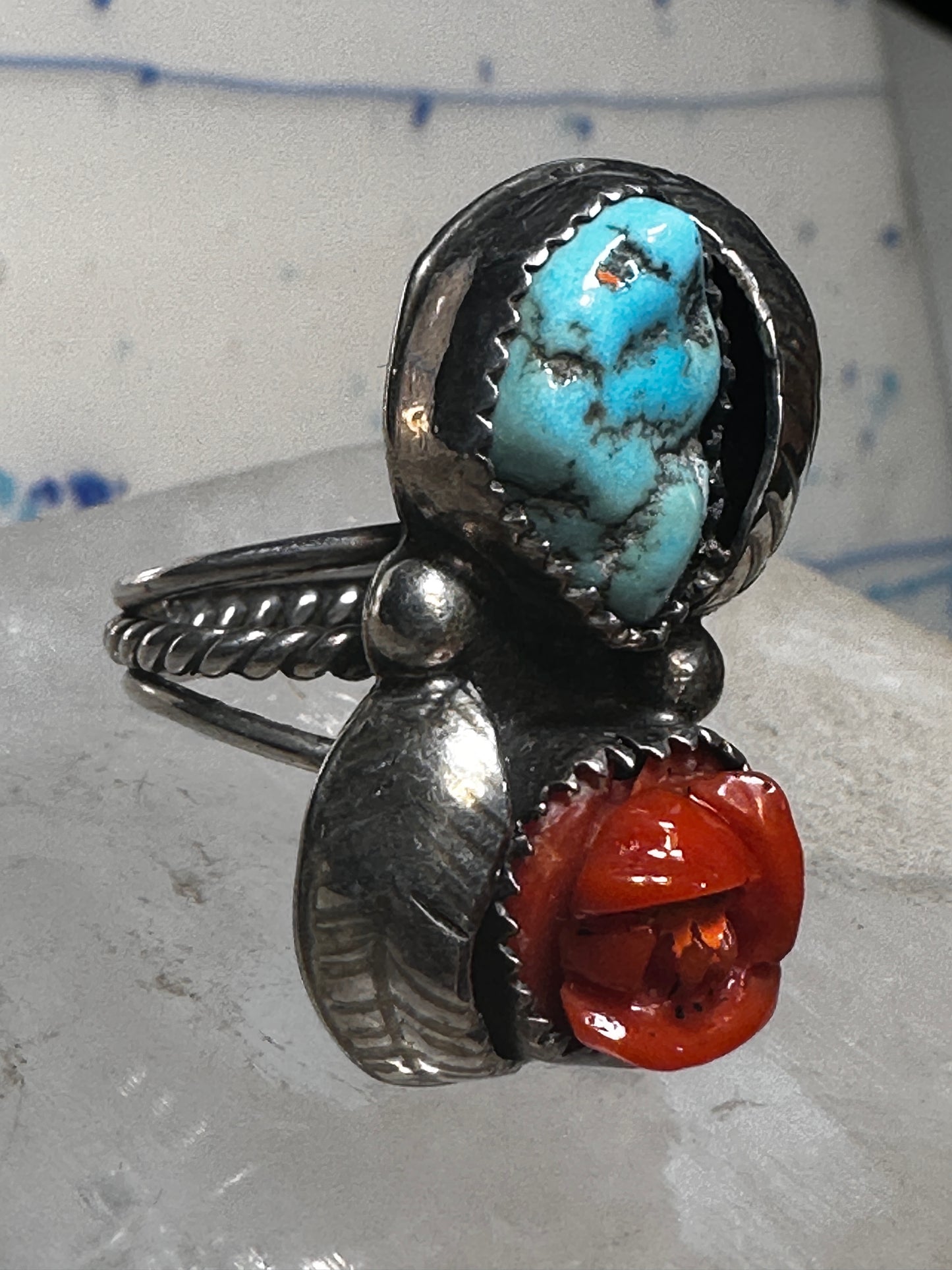 Turquoise ring coral rose Navajo leaves size 6.75 sterling silver women