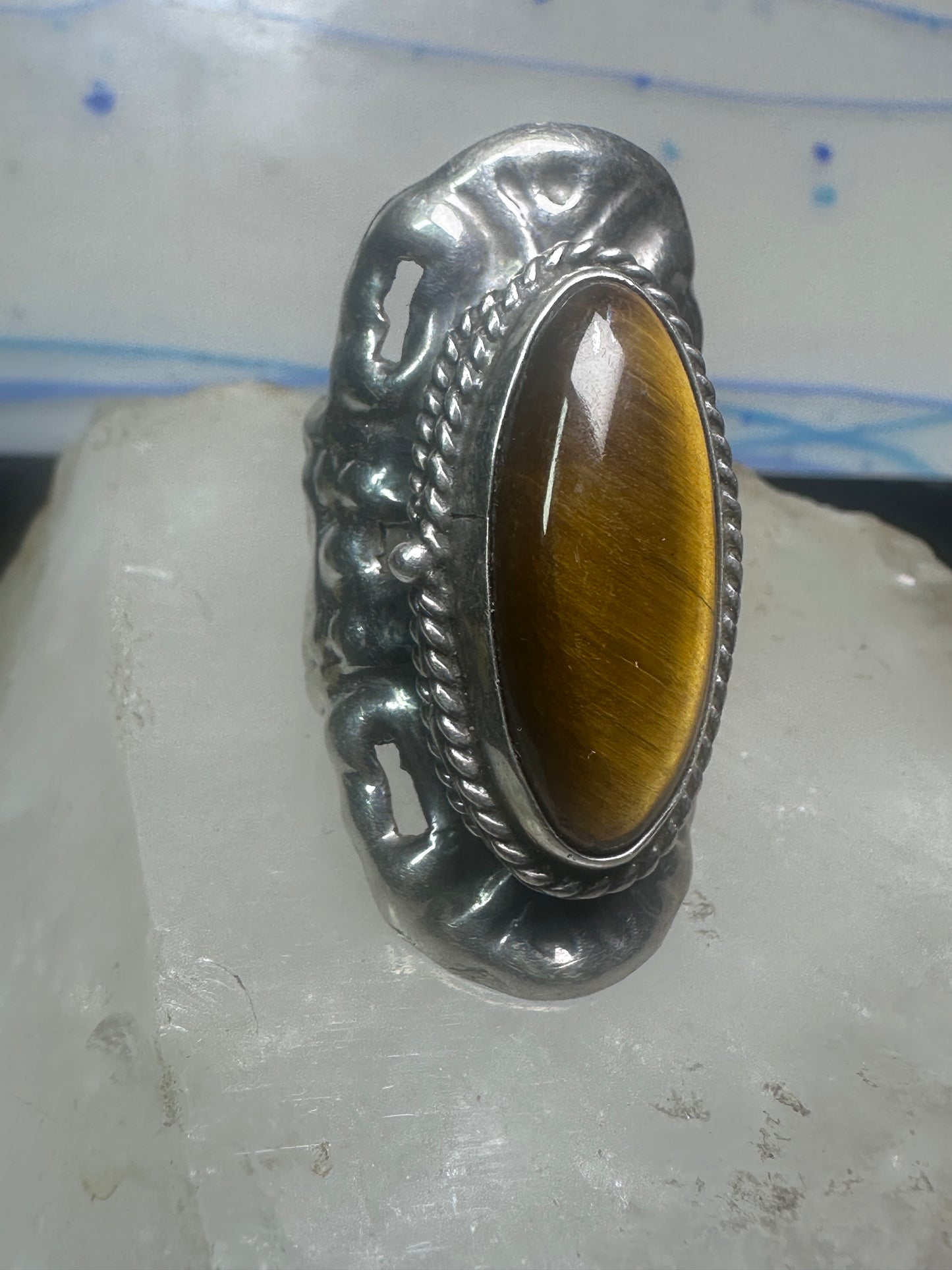 Poison ring long Tiger Eye Taxco Mexico size 7 adj sterling silver women