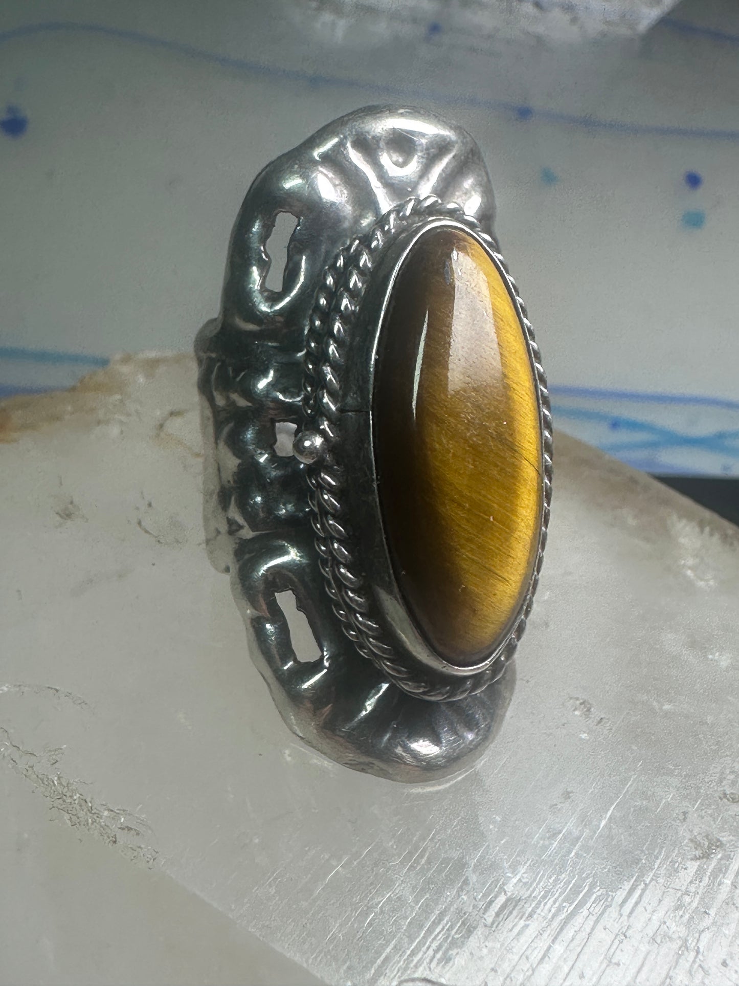 Poison ring long Tiger Eye Taxco Mexico size 7 adj sterling silver women