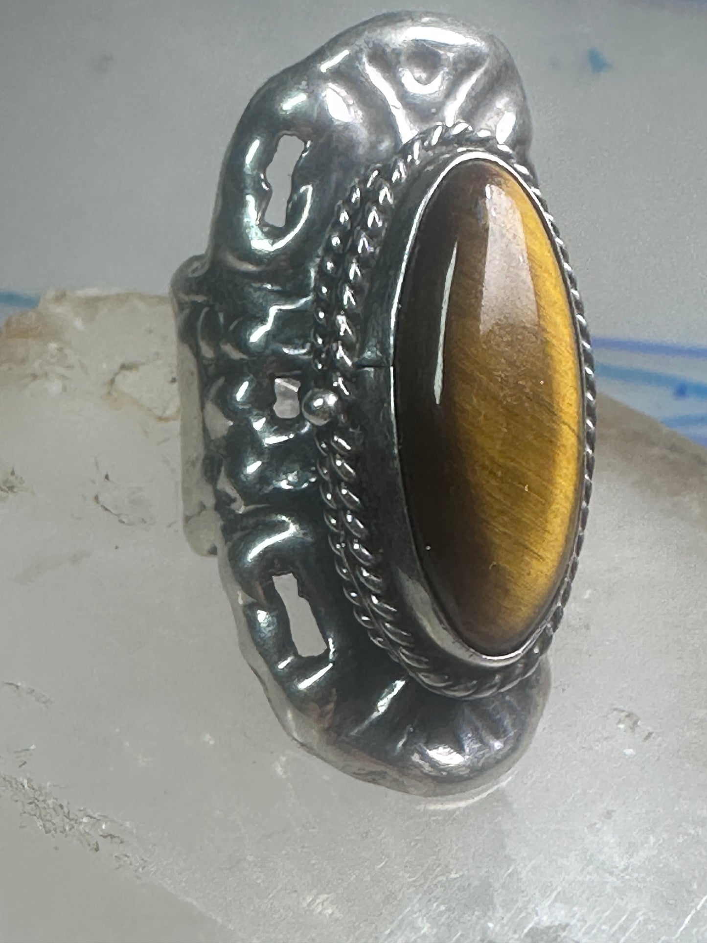 Poison ring long Tiger Eye Taxco Mexico size 7 adj sterling silver women