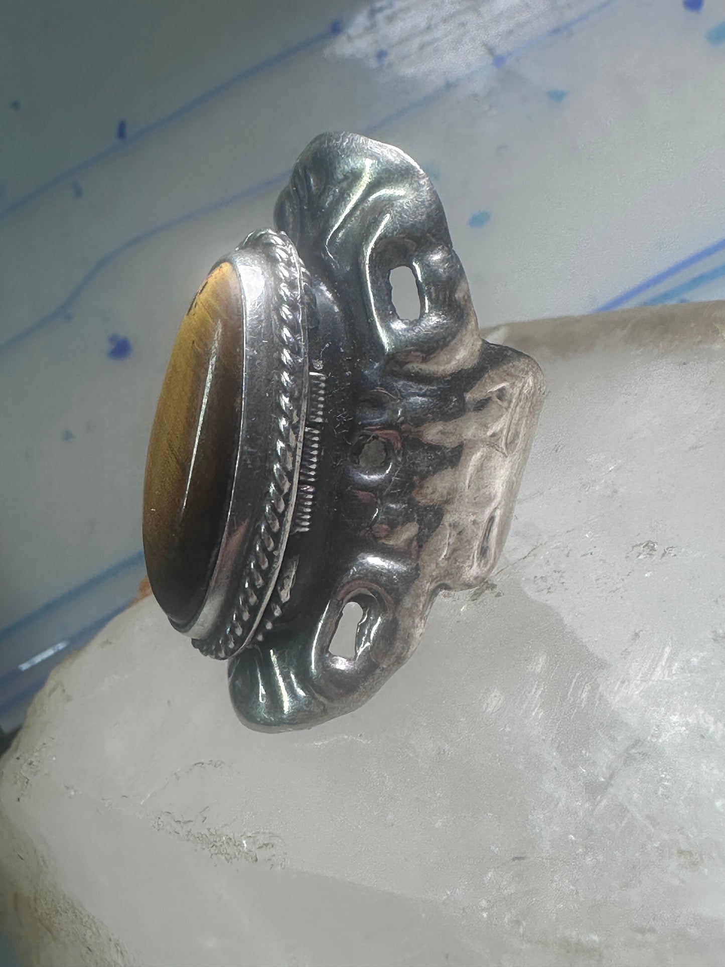Poison ring long Tiger Eye Taxco Mexico size 7 adj sterling silver women